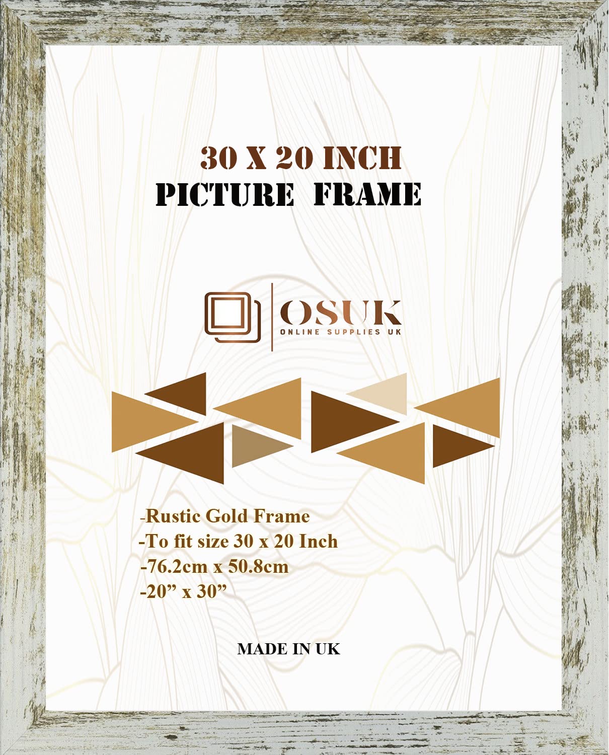 OSUK Rustic Gold 30x20 inch Picture Frame - Large Frame 76.2 x 50.8cm - 20 x 30 Inch Photo Frame With Clear Perspex Front & Wall Mounting Hook - Rustic Gold 30" x 20" Poster Frames