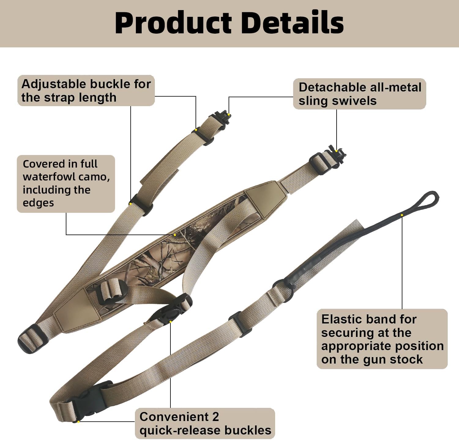 Camo Shotgun Sling with Quick Release – Padded 2 Point Hunting Rifle Strap for Bottomland Camo, Duck Hunting Gear