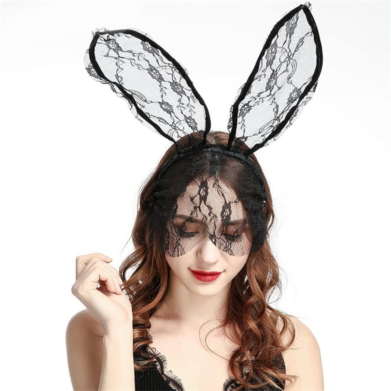 SYOSI Lace Bunny Black Cat Ear Veil Headbands, Hair Hoop Lace Mask Hair Band Cosplay Headwear Costume Halloween Hair Accessories