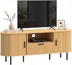 HOMCOM TV Stand for TVs up to 60", Modern Entertainment Center with Curved Sliding Doors, Media Console with Drawer, Cabinet and Shelf, Natural Wood