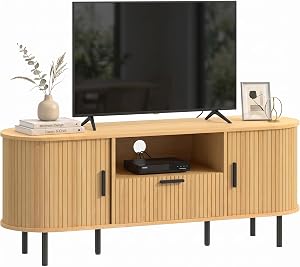HOMCOM Meuble TV pour TV jusqu'à 60 po, Centre de Divertissement Moderne avec Portes Coulissantes Courbées, Console Médias avec Tiroir, Cabinet et Étagère, Bois Naturel