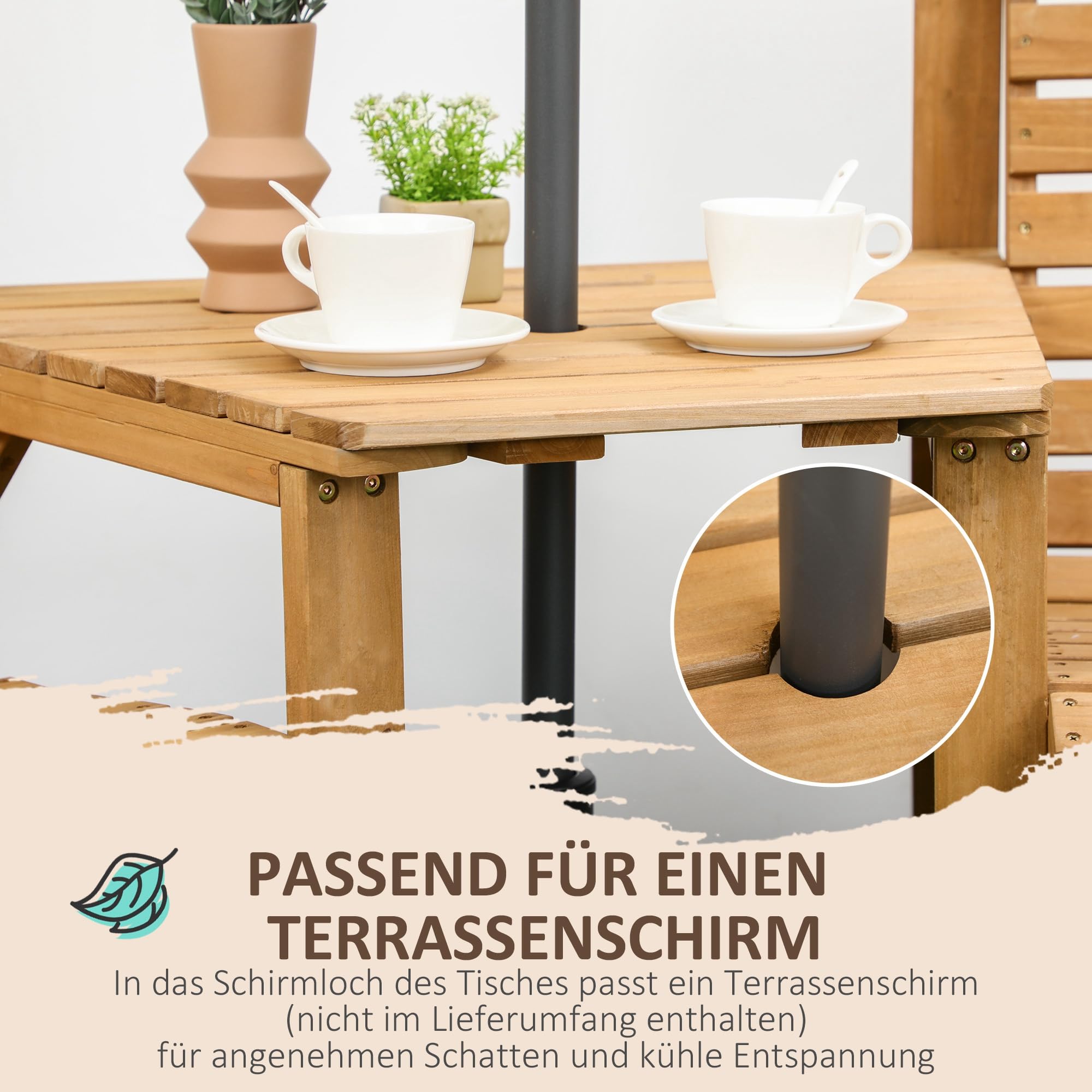 Outsunny Bistro-Set 3-teilig aus Holz Wetterfest Gartenmöbel Set mit Lamellendesign Sonnenschirmloch Gartenstühlen Outdoor Balkonmöbel Set Sitzgruppe Balkonset Gartengarnitur Braun