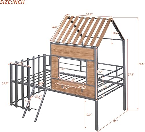 Miniatura 29 de Harper & Bright Designs Junoir - Cama tipo loft de metal tamaño individual para niños, cama baja con techo y escalera, cama tipo loft individual