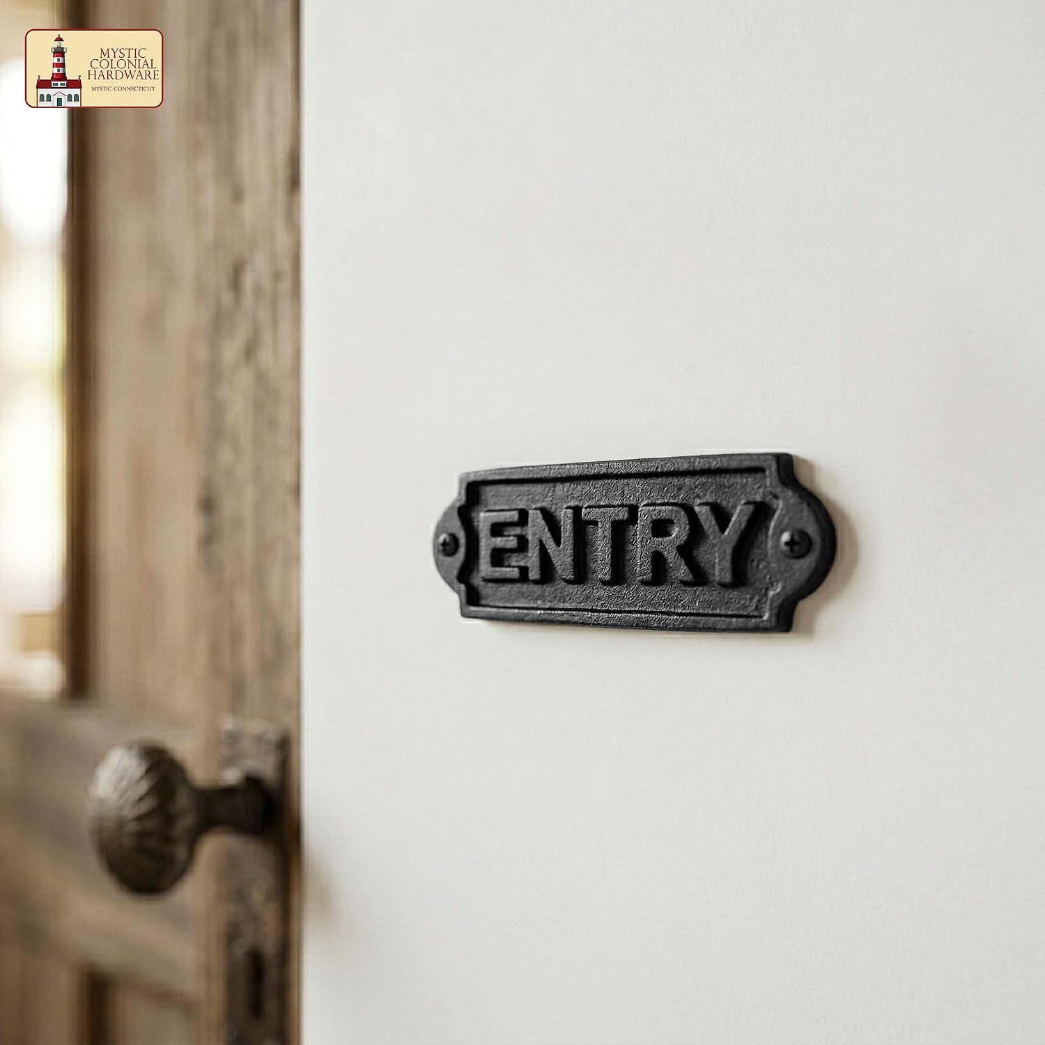 Mystic Colonial Solid Cast Iron Vintage Entry Sign for Doors Handmade Hardware Accessory