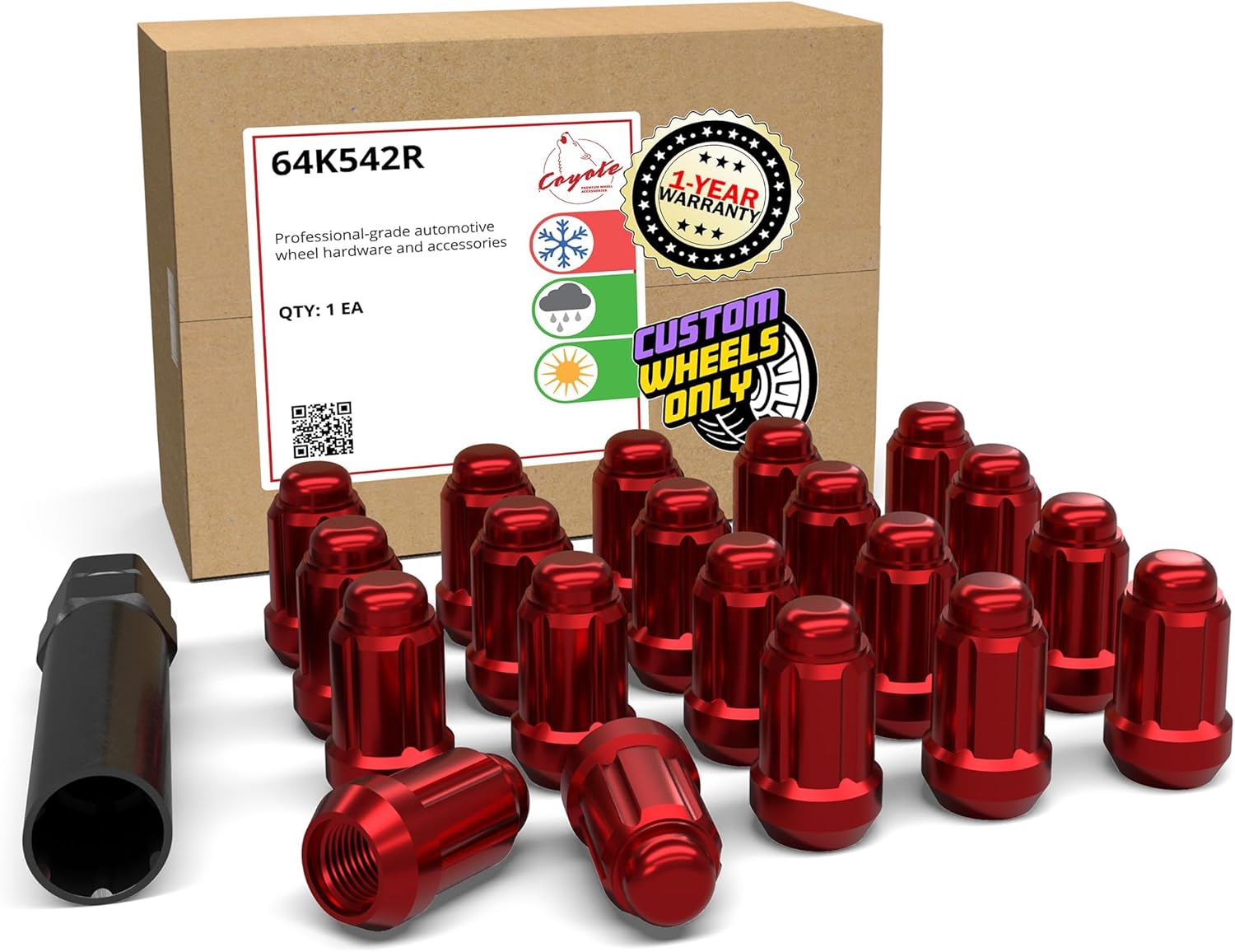 Wheel Accessories Parts 20 Pcs 1/2"-20 Thread Car Spline 35mm 1.38" Long Lug Nuts Red Spline Hex Fits Ford Mustang ｜ Jeep CJ Wrangler Grand Cherokee