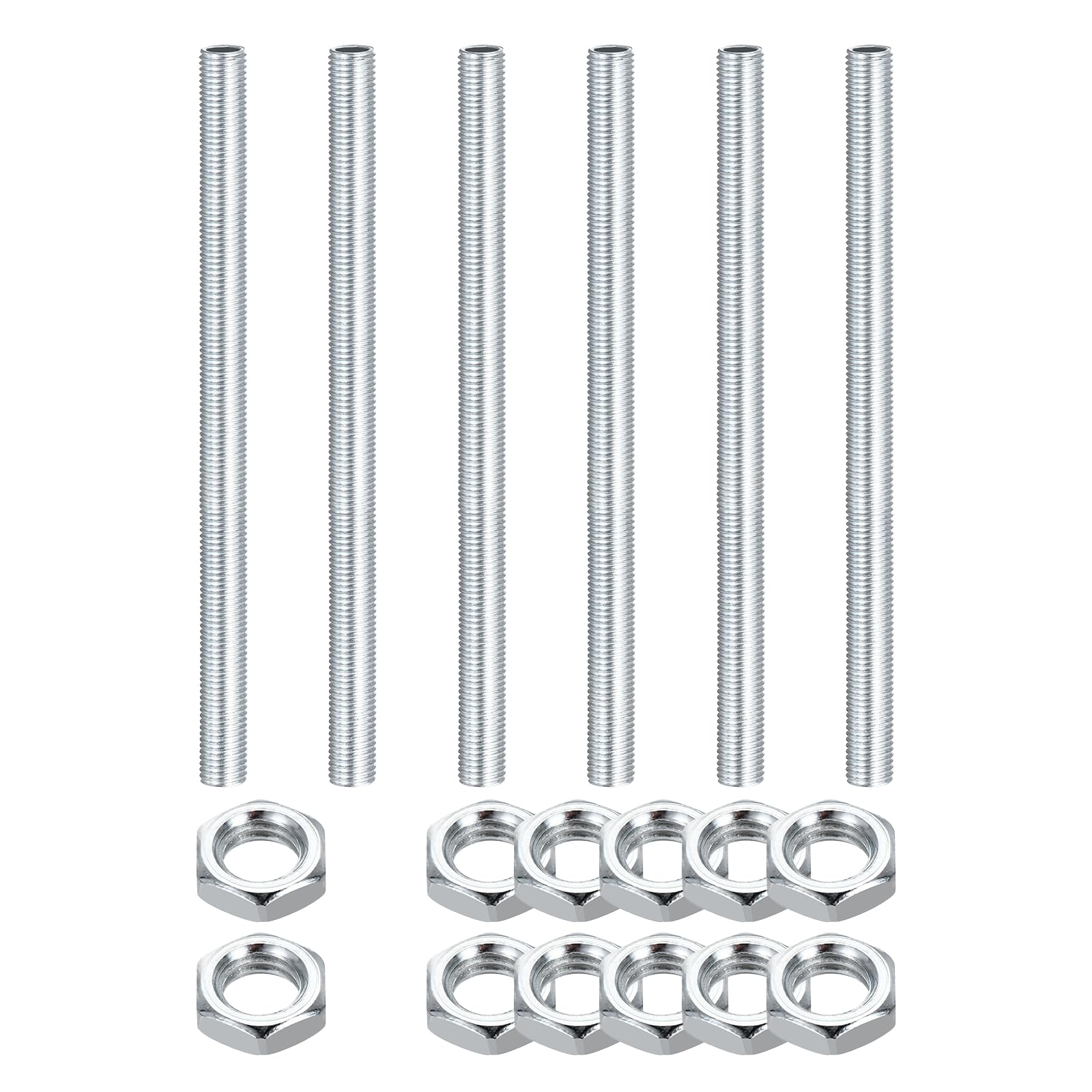 sourcing map 6Pcs 120mm Lamp Pipe Nipples Kit with Lock Nuts, M8x1 Fine All Threaded Hollow Tube Lamp Repair Hardware Fasteners for Chandelier Ceiling Lamps Assembly DIY, White Zinc
