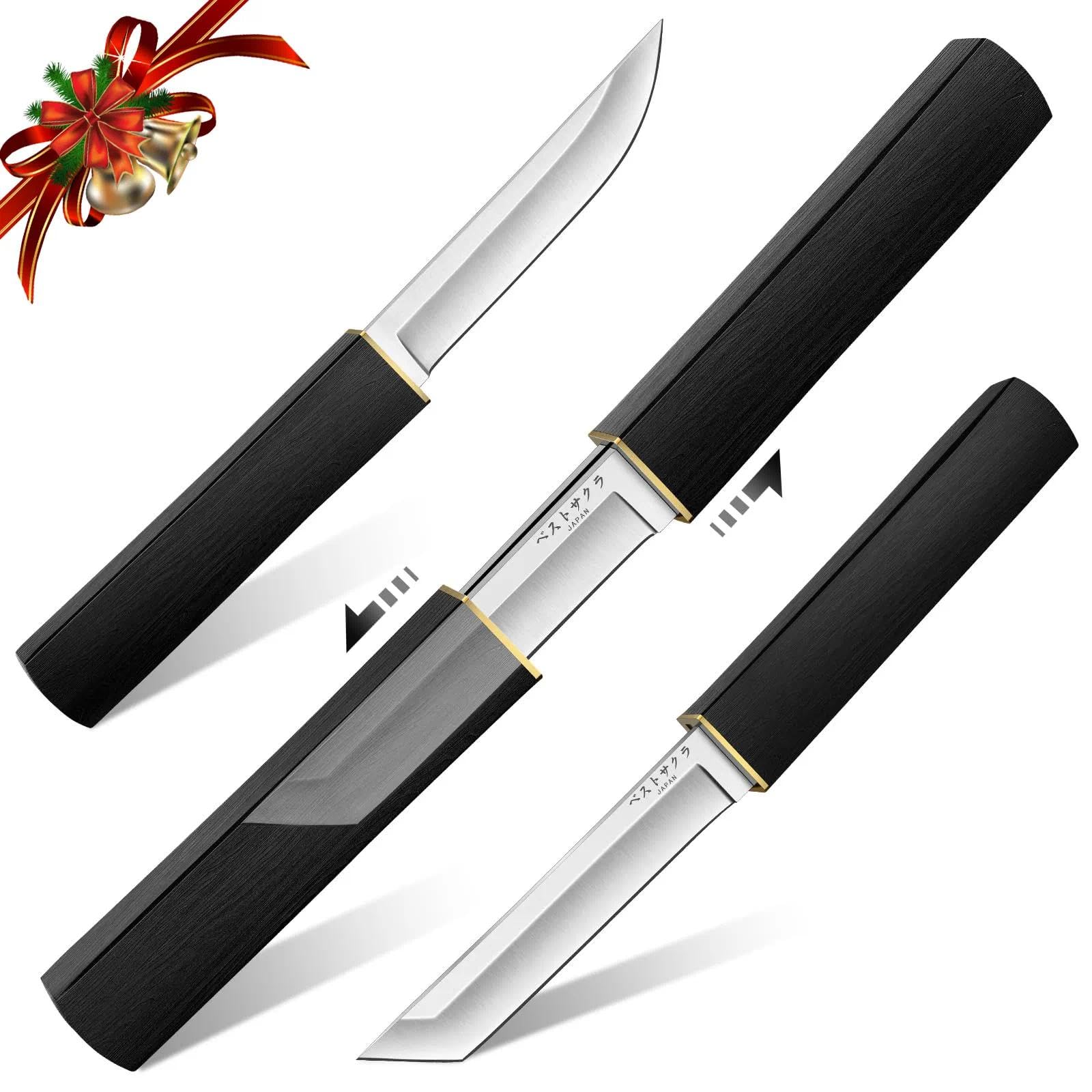 Moontay Mini Katana Knives Set – 2 in 1 Janpanese Tanto Knife with Integrated Wood Sheath & Handle, Stainless Outdoor Double Knife Set, Short Samurai Swords for Camping Survival BBQ, Christmas Gifts