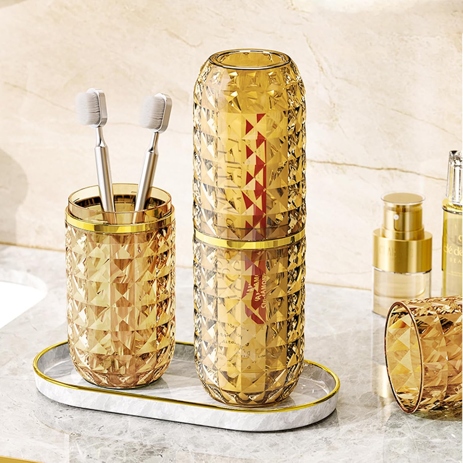 Yellow Transparent Travel Toothbrush Case with Cover, Large Tooth Brush Holder with Mouthwash Cup, Portable Compact Oral Clean Tools Organizer for Bathroom Trip School