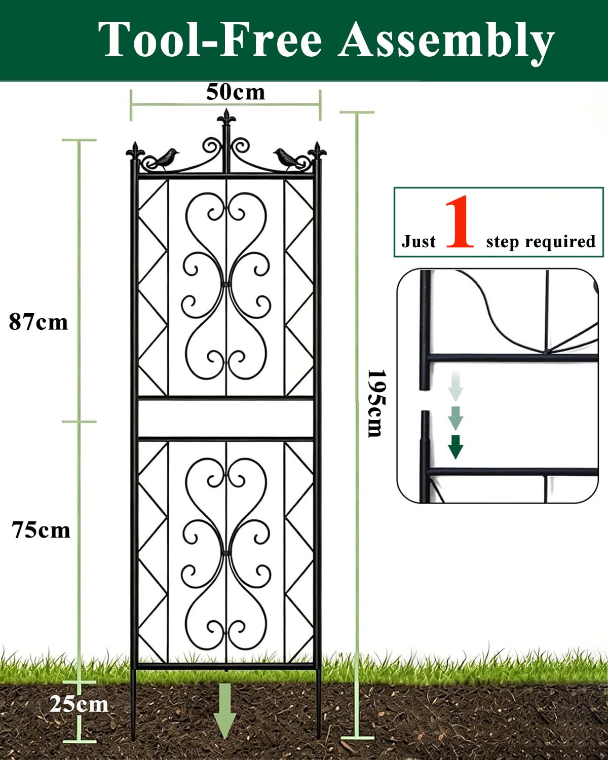 Traliccio in Metallo 195x50cm per Piante Rampicanti – Griglia Decorativa da Giardino con Uccellini – Recinzione per Fiori e Verdure, Nero (1 pz)