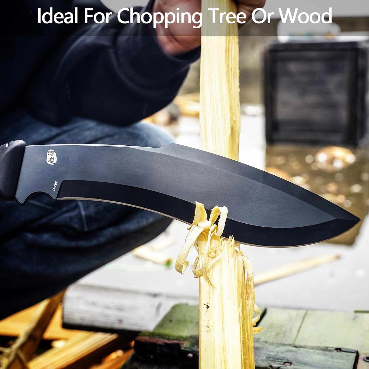 HX Outdoors 14 Inch Bush Machete Kukri Knife, Premium D2 Steel Full Tang Gardening Machete Knife with Kydex Sheath for Outdoor, Camping, Clearing Brush (Black)