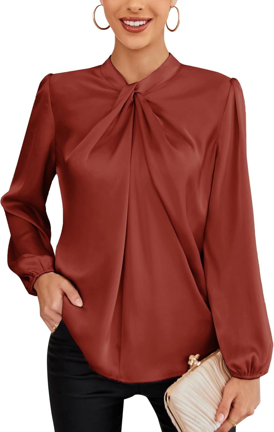 GRACE KARIN Women's Long Sleeve Shirts Mock Neck Casual Silk Satin Blouse Tops for Business Office Work