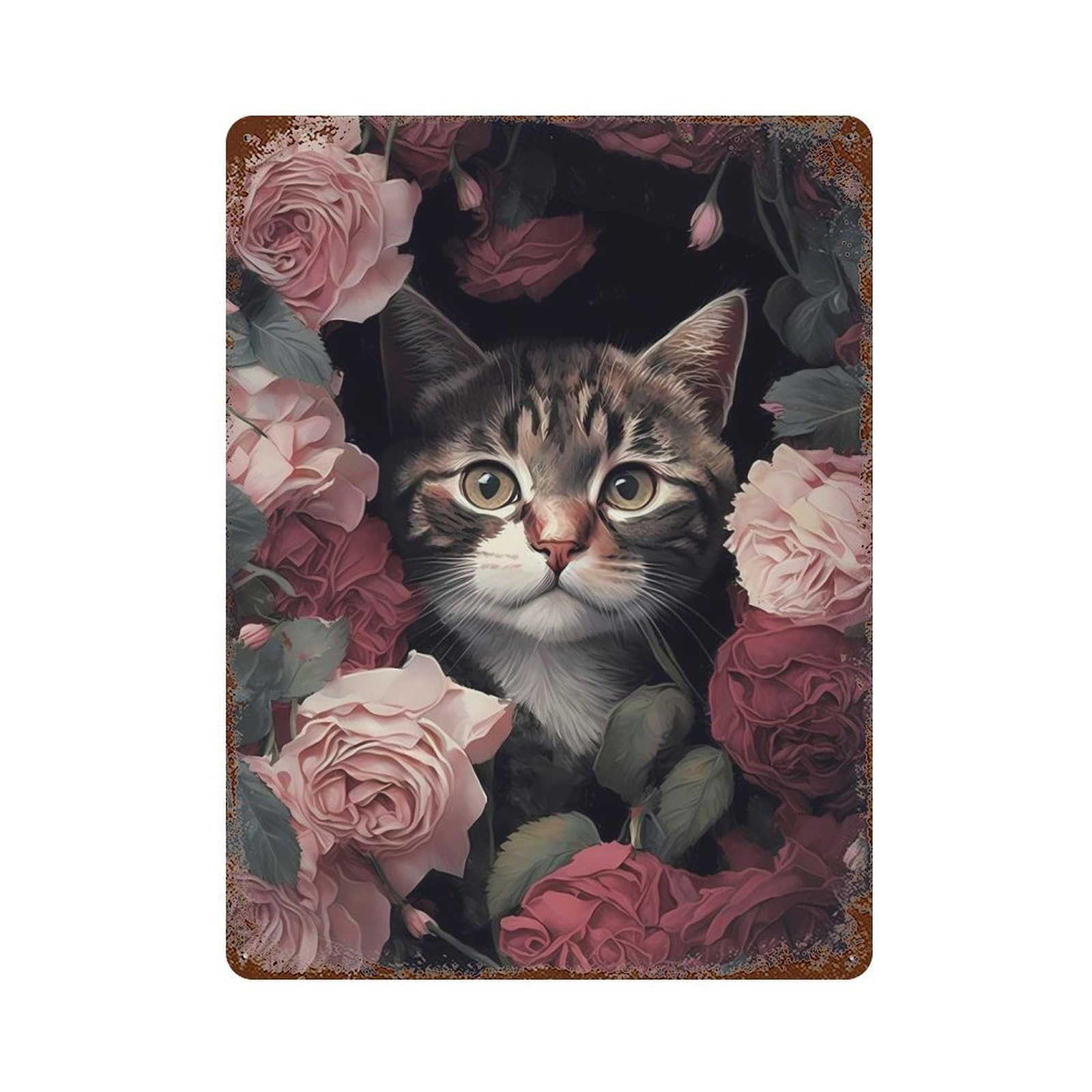 Garage Style Cat In Roses Rust Effect Tin Sign 15.7"x11.8", Farmhouse Wall Decor for Bar And Workshop