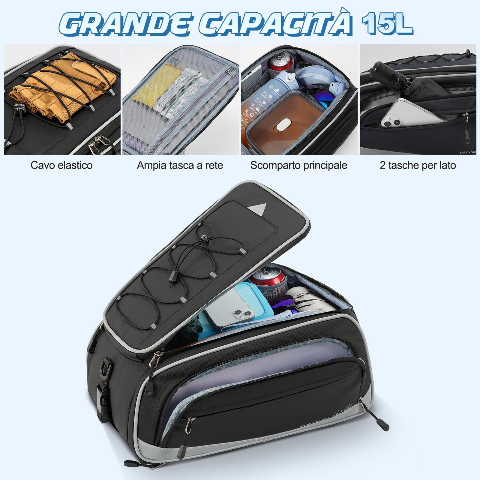 RAINSMORE Borsa Bici Posteriore 15L-23L Espandibile, Borsa Portapacchi Bici Impermeabile e Riflettente con Copertura Antipioggia e Tracolla, Bici per MTB, E-Bike e City Bike Nero