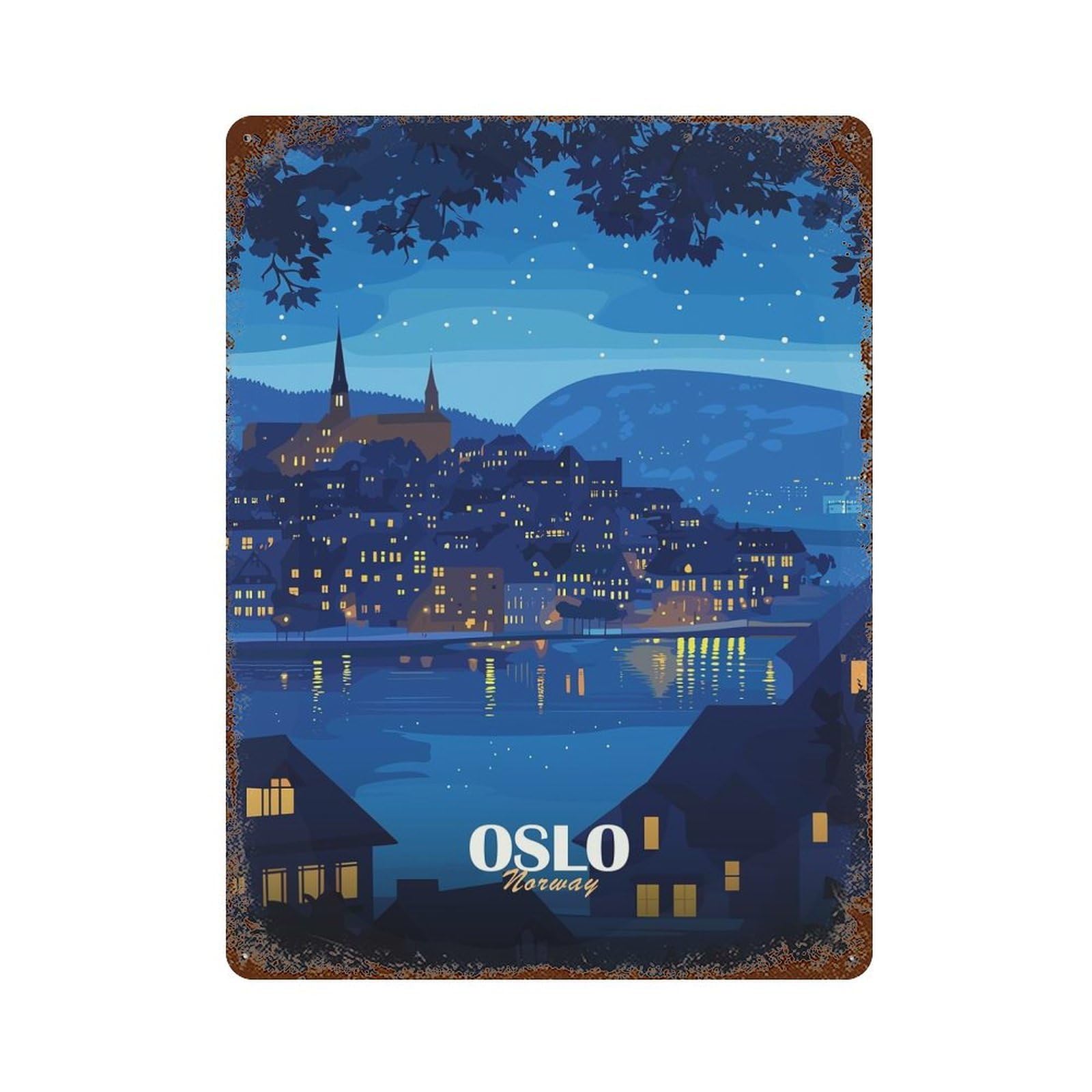 Oslo, Norway Night Cityscape Illustration Rust Effect Tin Sign 15.7"x11.8", Rustic Home Decor for Garage, Pub Or Kitchen