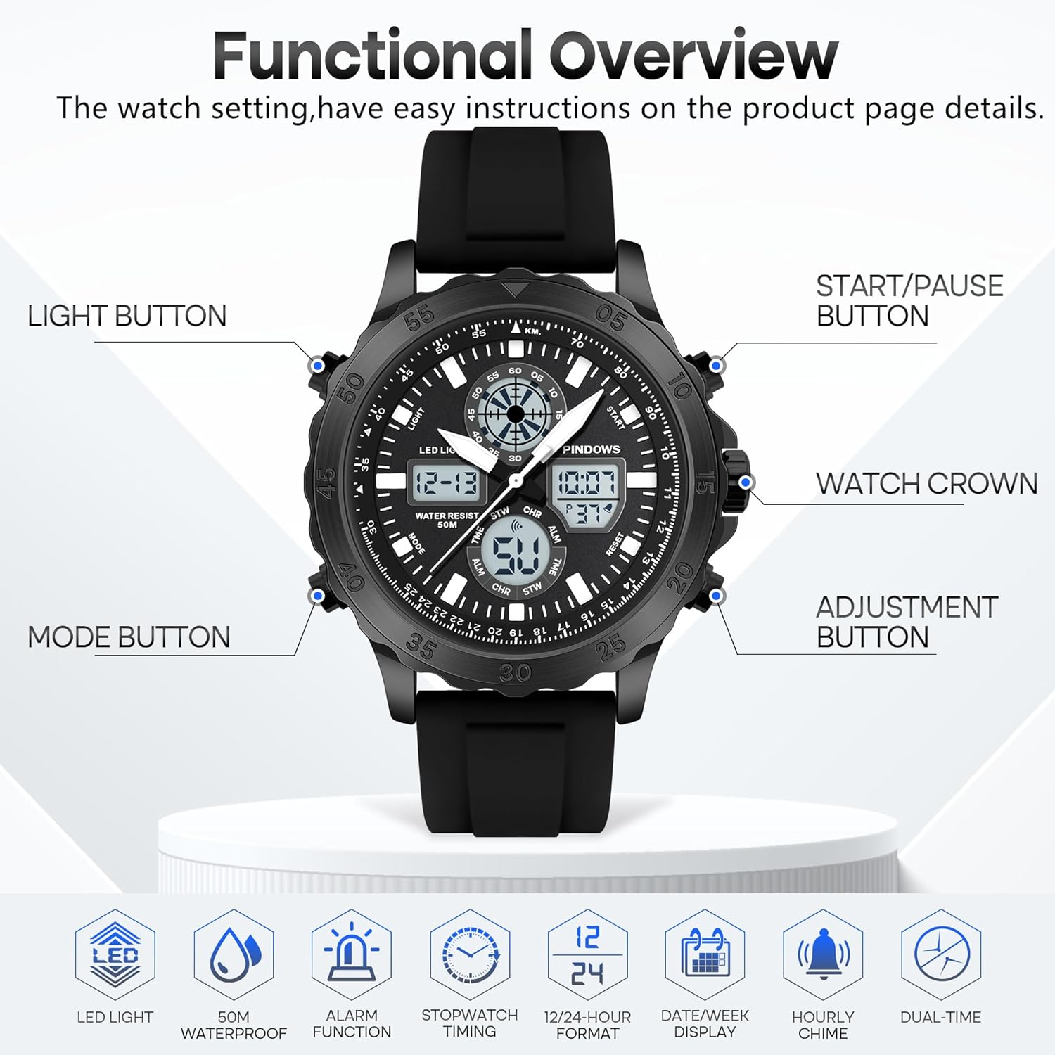 Watch for Men Watches Sport Military Waterproof Watches Analog Digital Watches Stainless Steel Watches with Alarm Stopwatch LED Light Hourly Chime Multi-Function Wristwatch - Image 2