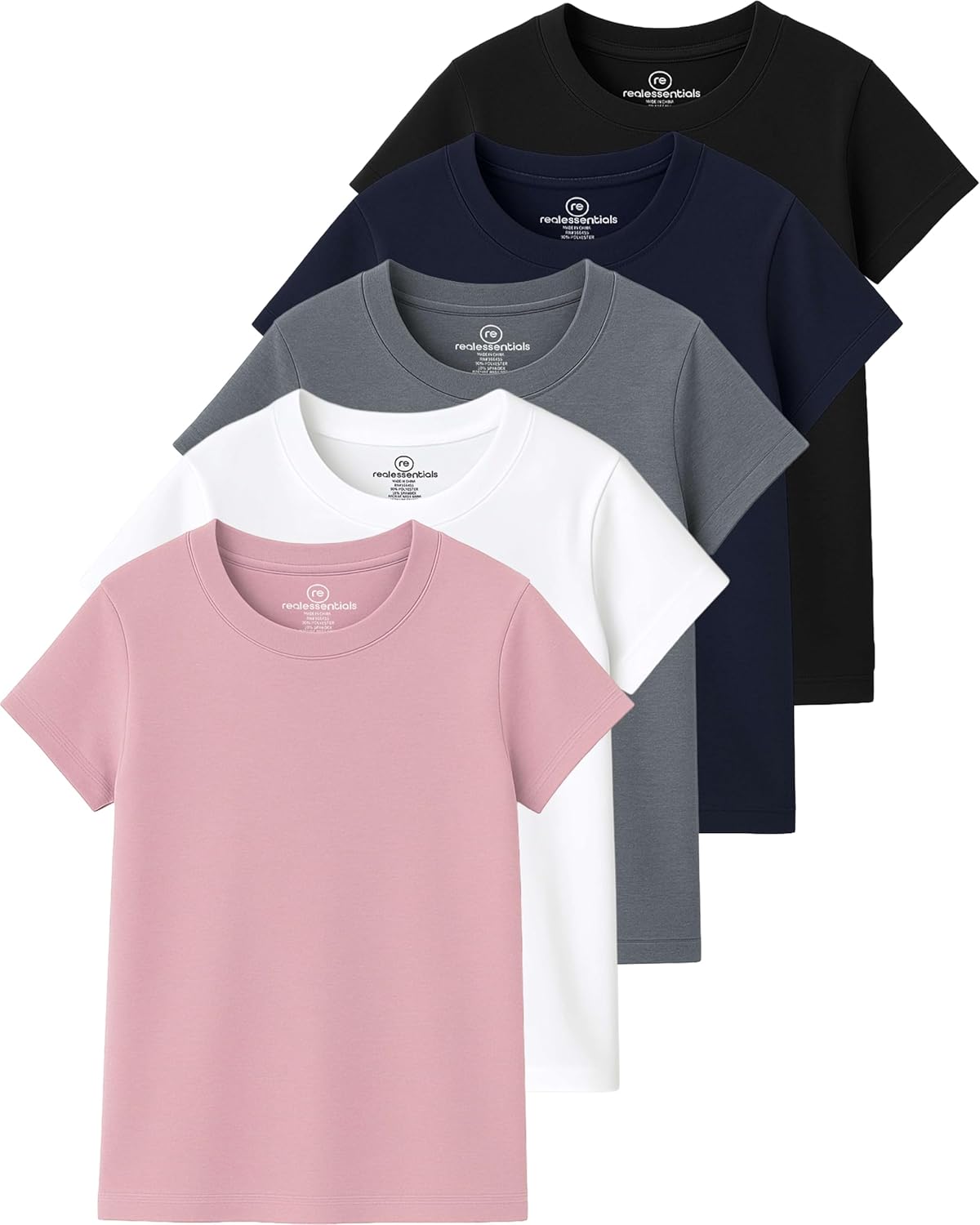 Real Essentials 5 Pack: Girls' Cotton Short Sleeve Crew Neck T-Shirt - Athletic Tee Shirt for Teens Kids Youth (Ages 4-16)