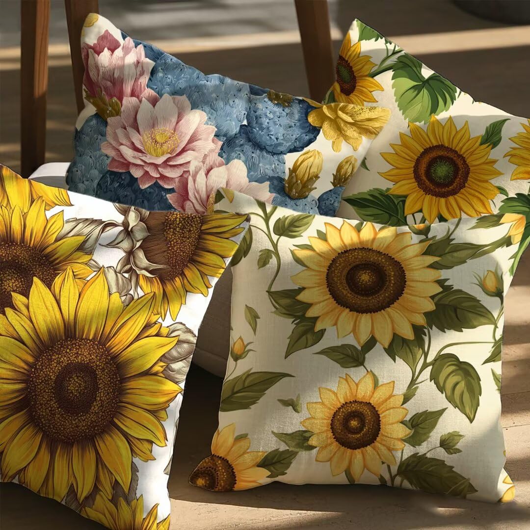 Lot de 4 Housse de Coussin 45x45cm, Housse de Canapé Automne Motif Décoratif Imperméable Lin Taie d'oreiller avec Fermeture Éclair Invisible, Salon Chambre à Coucher Décoration de Maison, Jaune Ym435