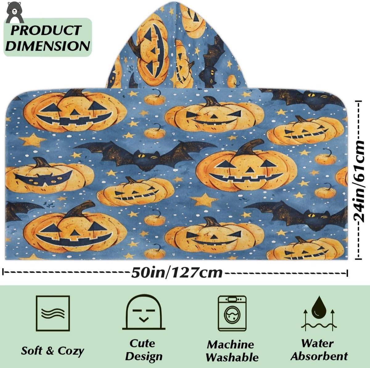 Pardick Bats Stars Pumpkin Kids Bath Towel Beach Towel with Hood Pool Cover Up for Girls Boys Soft Absorbent Hooded Bath Towel Toddler Towels for Beach, Pool