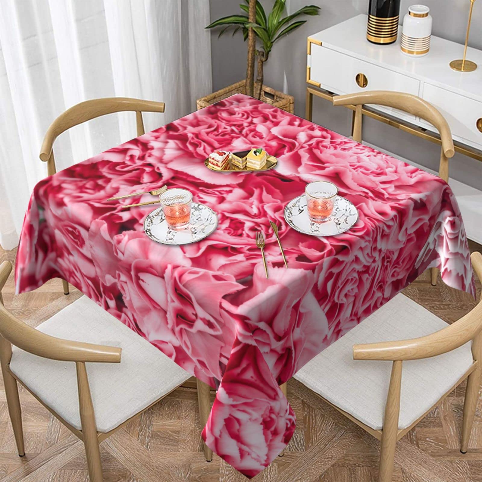 Nappe carrée sans repassage Evealyn rose vif anti-pli pour repas sans contrainte