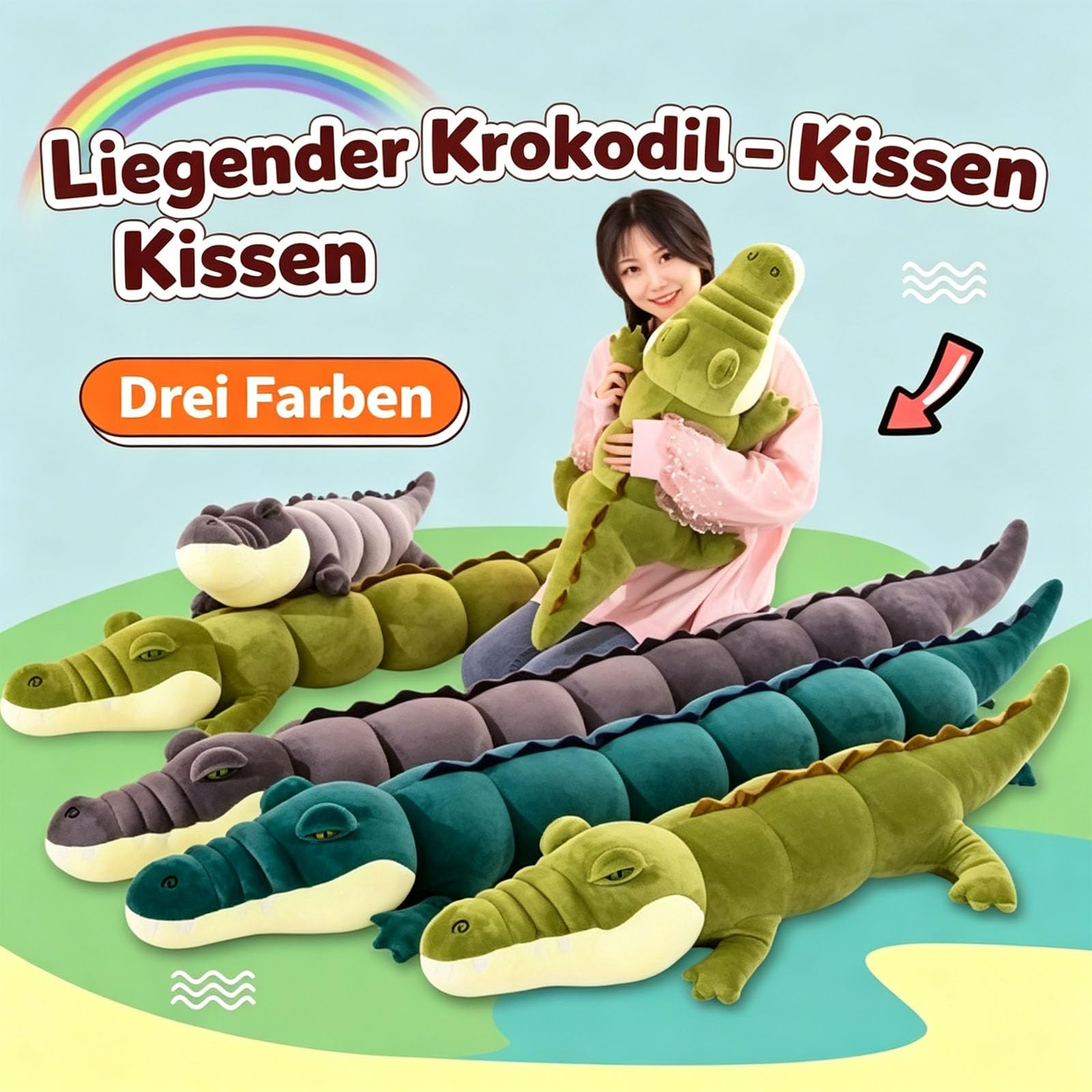 Riesen Krokodil Kuscheltier XXL, Groß Krokodil Stofftier Plüschtier Alligator, Krokodilkissen Plüschtier, Kawaii Plüschtier Krokodil Spielzeug Kissen, Geschenk für Jungen Mädchen (100cm,Grün)