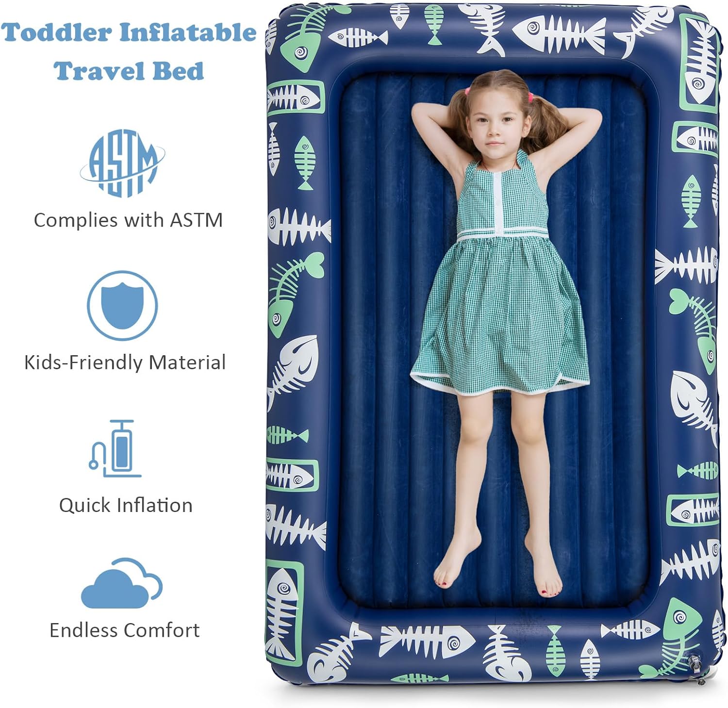 Costzon Inflatable Toddler Travel Bed, Kids Air Mattress Set w/Electric Pump, 4 Sides Safety Bumper & 2-in-1 Multifunctional Design, Portable Toddler Bed for Travel, Camping, Home-use (Blue)