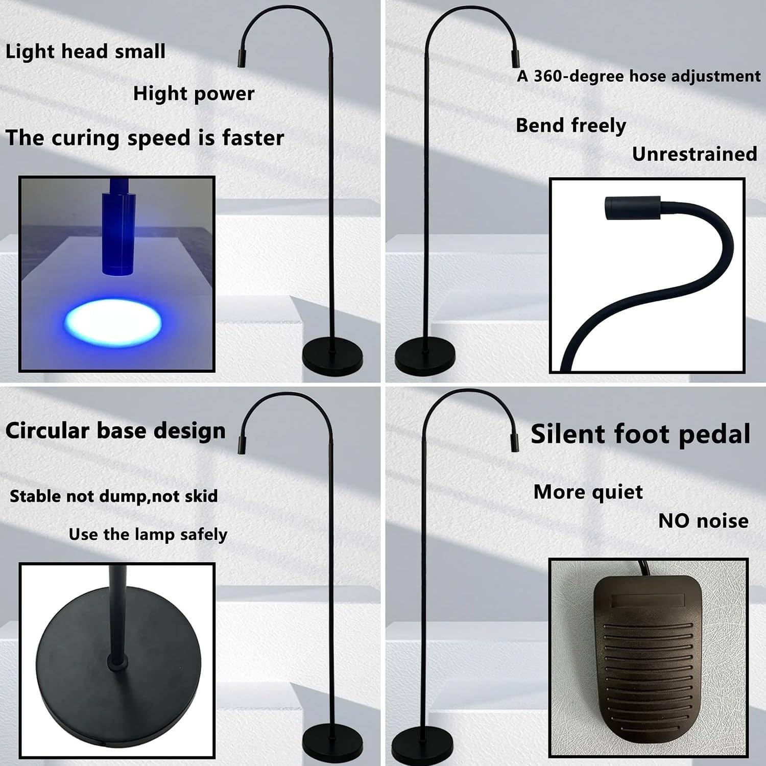 Sistema de extensión de pestañas con luz LED UV de 5 W, lámpara de pegamento UV con control de pedal de pie, altura de 110 cm, 395-400 nm, pegamento curado en 1-3 segundos, lámpara de curado con