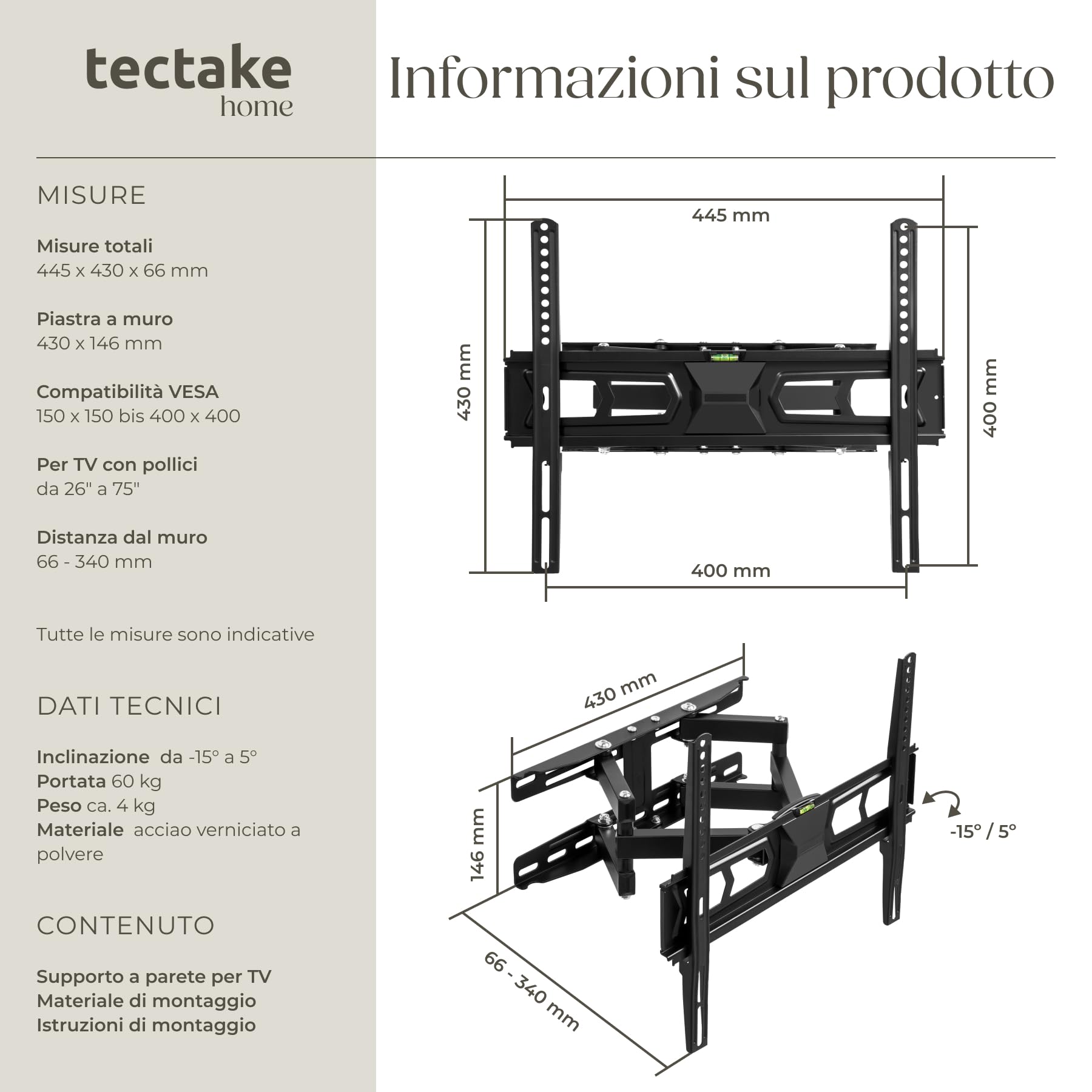 tectake® Supporto Universale Parete, Muro, per TV 26-75″ (66-191 cm), Inclinabile, Girevole, Estensibile, Staffa TV, VESA max. 400 x 400, Portata 60 kg 32"–60", Distanza Parete da 66 a 340 mm