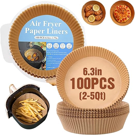 Disposable Air Fryer Paper Liners, 100 Pcs Round Non-Stick Parchment Paper, Oil-proof,Water-proof Cooking Baking Roasting Filter Pater for Air Fryers Basket, Microwave Oven, Frying Pan