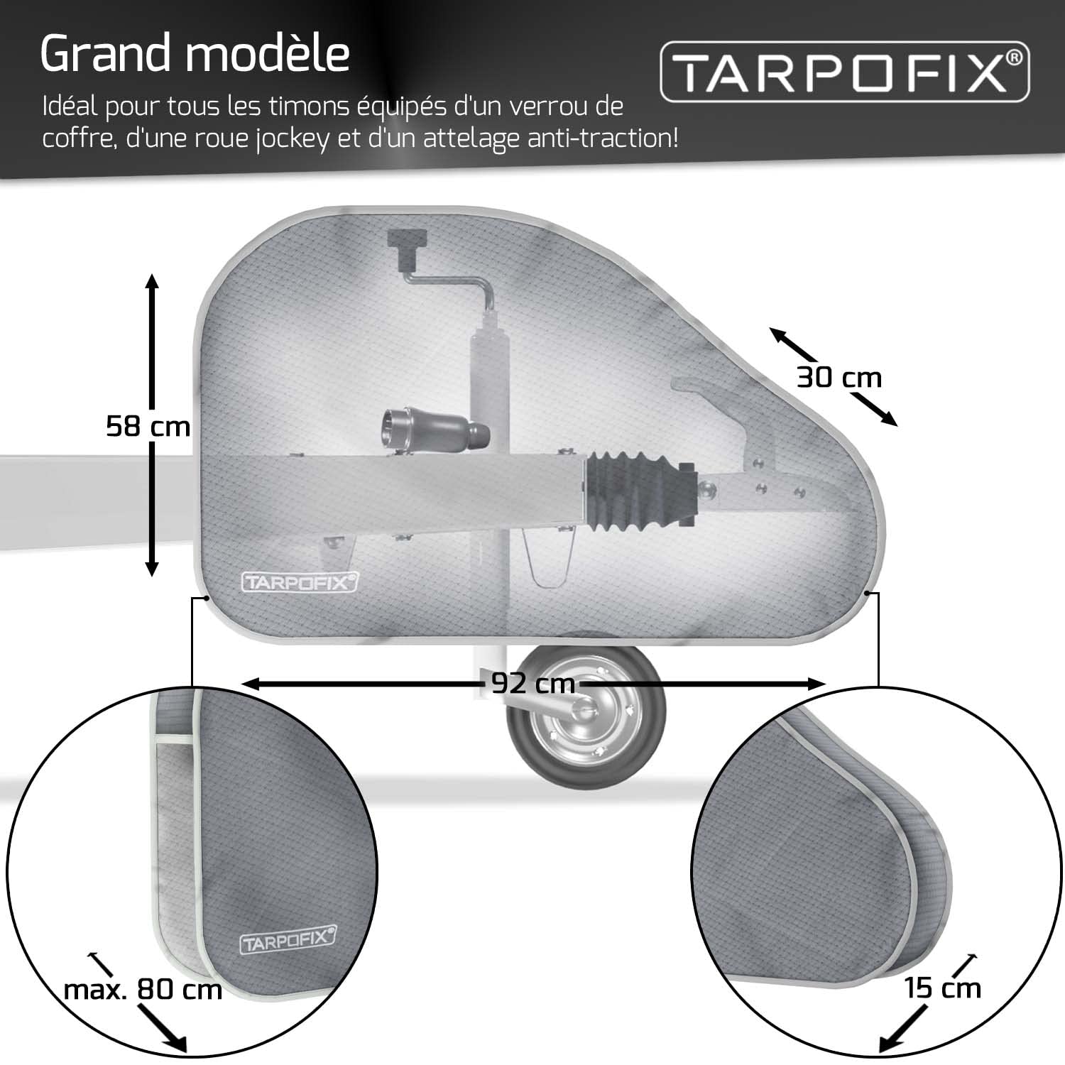 Tarpofix® Housse de Timon avec Fermeture à Double clic - Couverture de Barre d'attelage Universelle pour caravanes de Grande Taille - Couverture d'attelage pour remorques