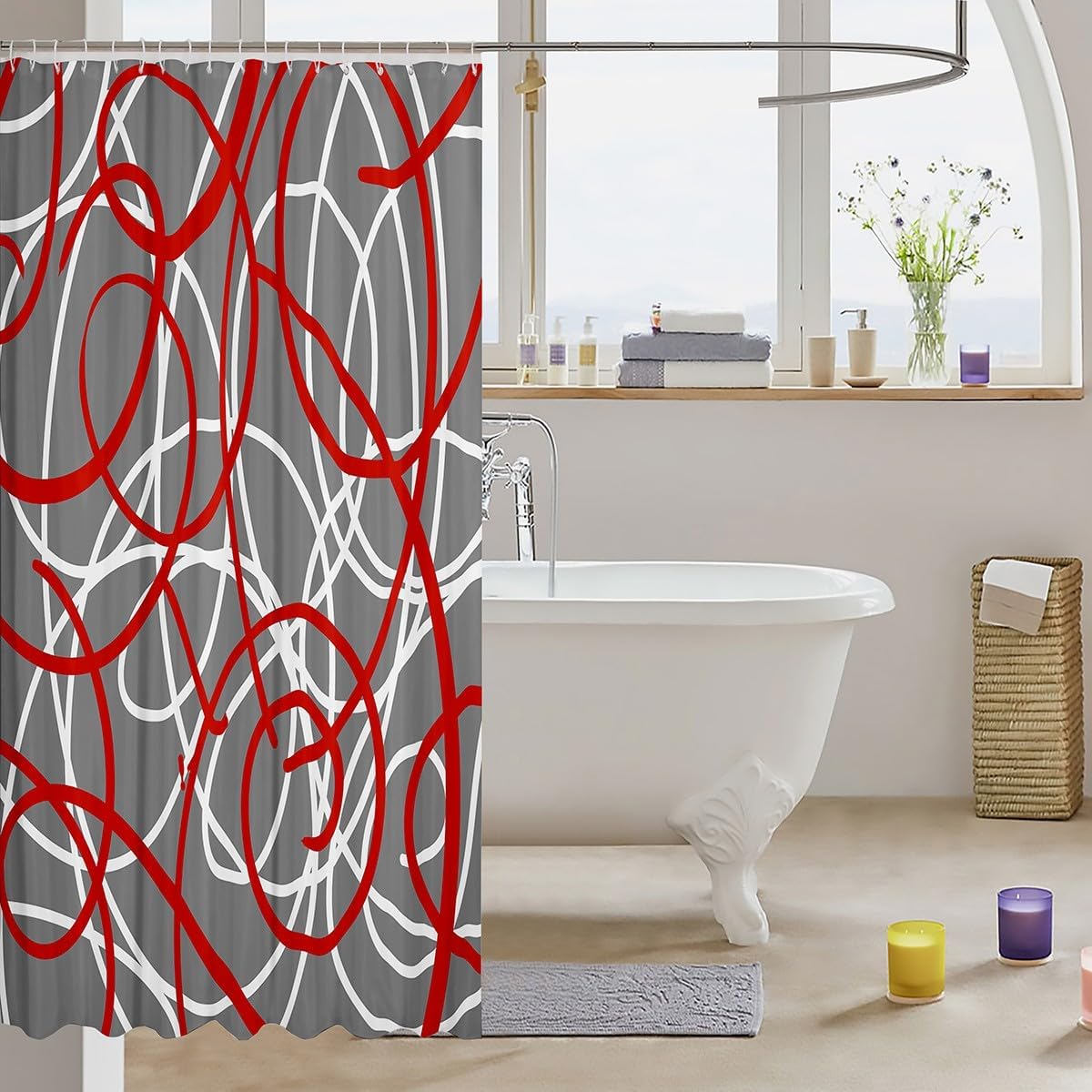 Feelyou Geometric Bath Curtain Stripe Line Shower Curtain Red Grey White Bathroom Accessories for Kids Boys Girls Modern Retro Swirl Waterproof Shower Curtain with Hooks Luxury Room Decor 72x84 Inch
