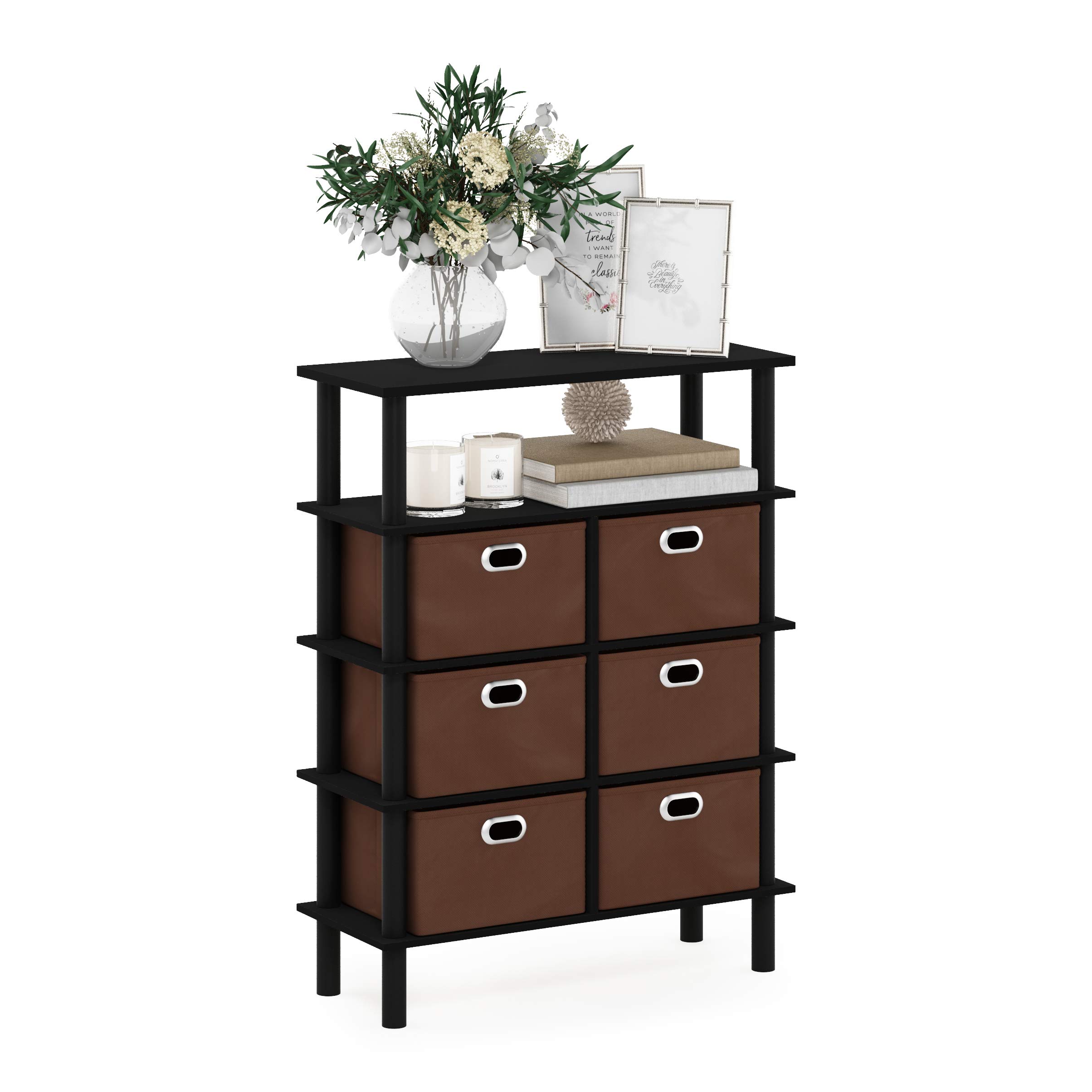 Furinno FRANS Entryway Table, 4-Tier Open Shelf Console Table with Storage Drawer Bins, Open Back Sofa Table, Side Table, Toolless Assembly, for Living Room, Home Office, Entryway, Black Oak