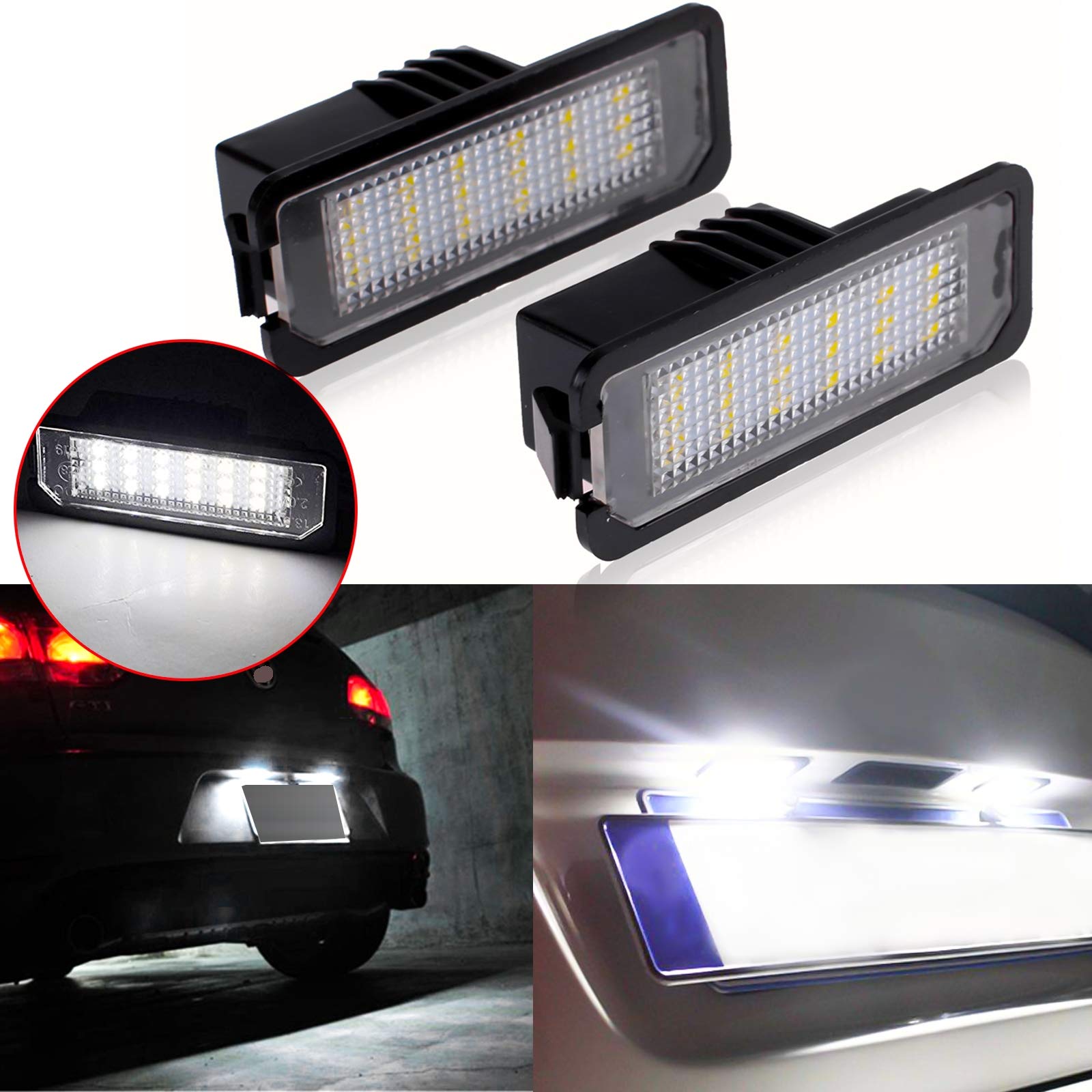 Xotic Tech 2Pcs Error Free License Plate Light Lamps Assembly,Xenon White,Compatible with VW Golf MK4 MK5 MK6 Passat B6 CC EOS or Porsche or Audi(18-SMD 6000K)