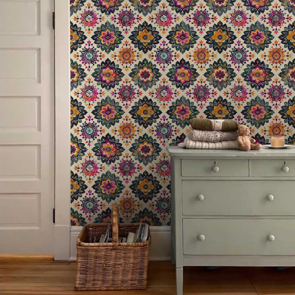 18"x236" Vintage Ethnic Plaid Flower Boho Peel and Stick Self Adhesive Wallpaper Removable Contact Paper Stick on Easy Peel Off Wall Paper for Kitchen Bedroom Bathroom Renter
