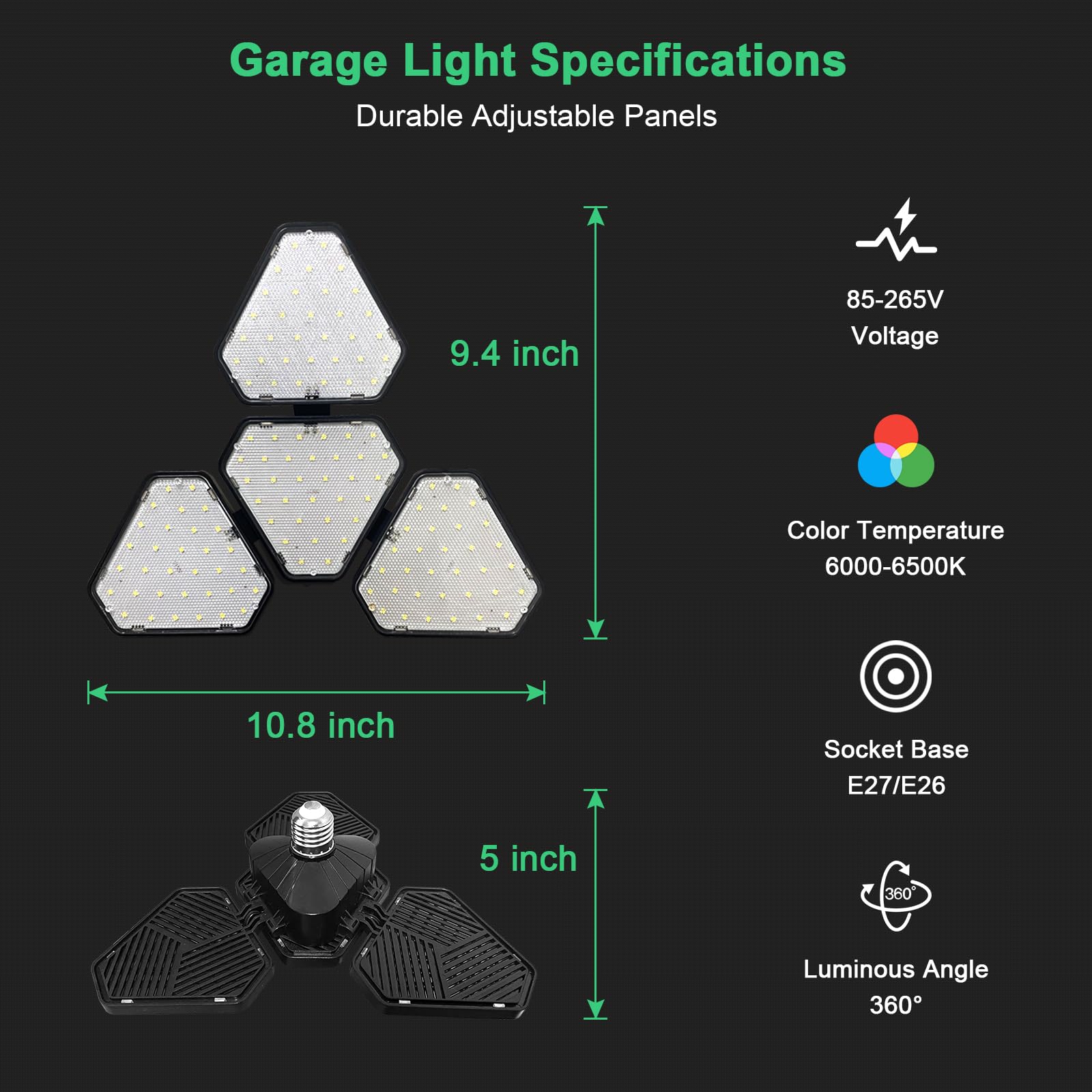 2 Pack Garage Led Light Bulb Triangular Fixture 120w 15000LM 6500K 3 Plus 1 Adjustable Super Bright Led — view 6