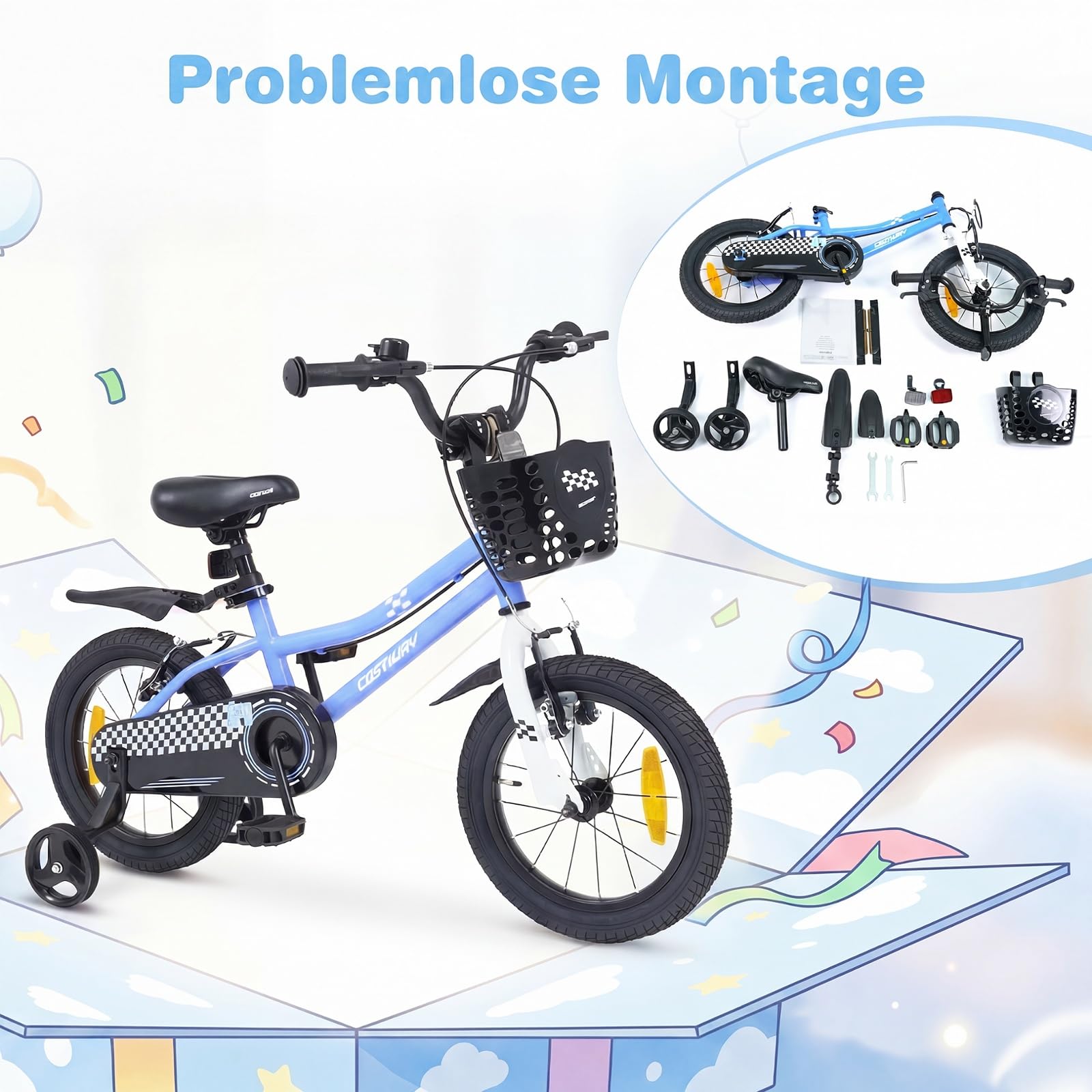 COSTWAY Kinderfahrrad mit Korb, 14/16 Zoll Fahrrad mit höhenverstellbarem Sattel & Lenker, Kinderrad mit Klingel, Schutzblech & Stützrädern für 3-7 Jahren Jungen & Mädchen