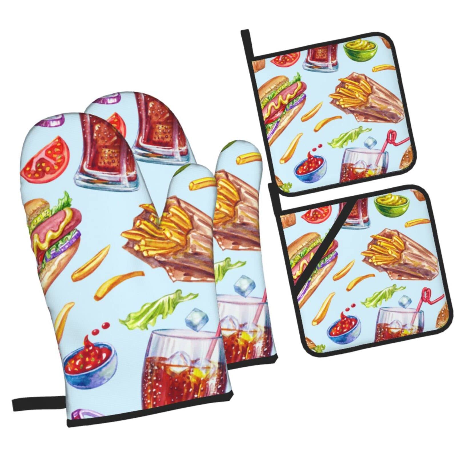 Fast Food Background Oven Mitts and Pot Holders Sets, Christmas Oven Mitt Kitchen Heat Resistant Non-Slip Pot Holders Set for Cooking Baking BBQ