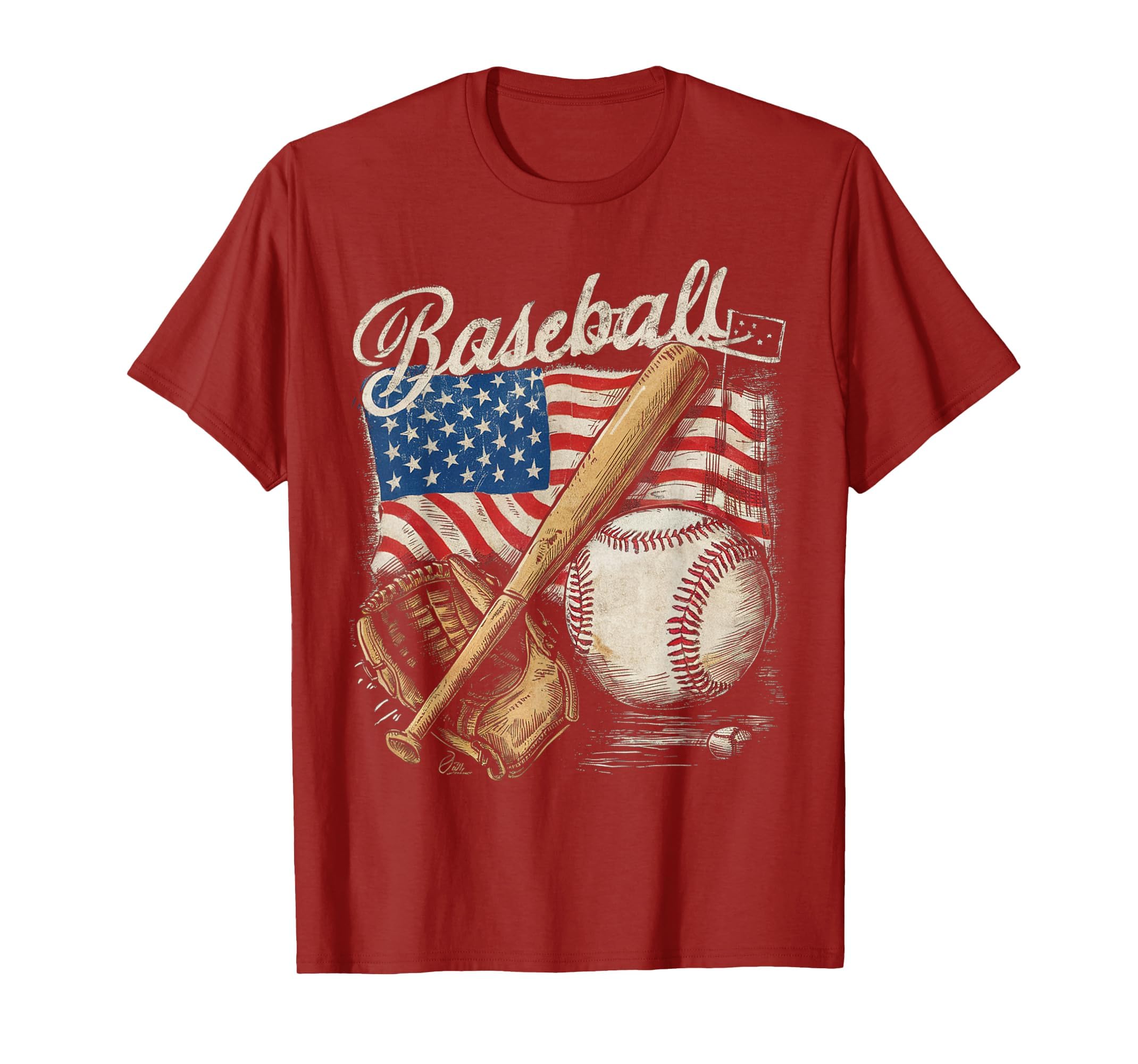 American Flag Baseball Player Bat Fan Catcher Pitcher USA T-Shirt