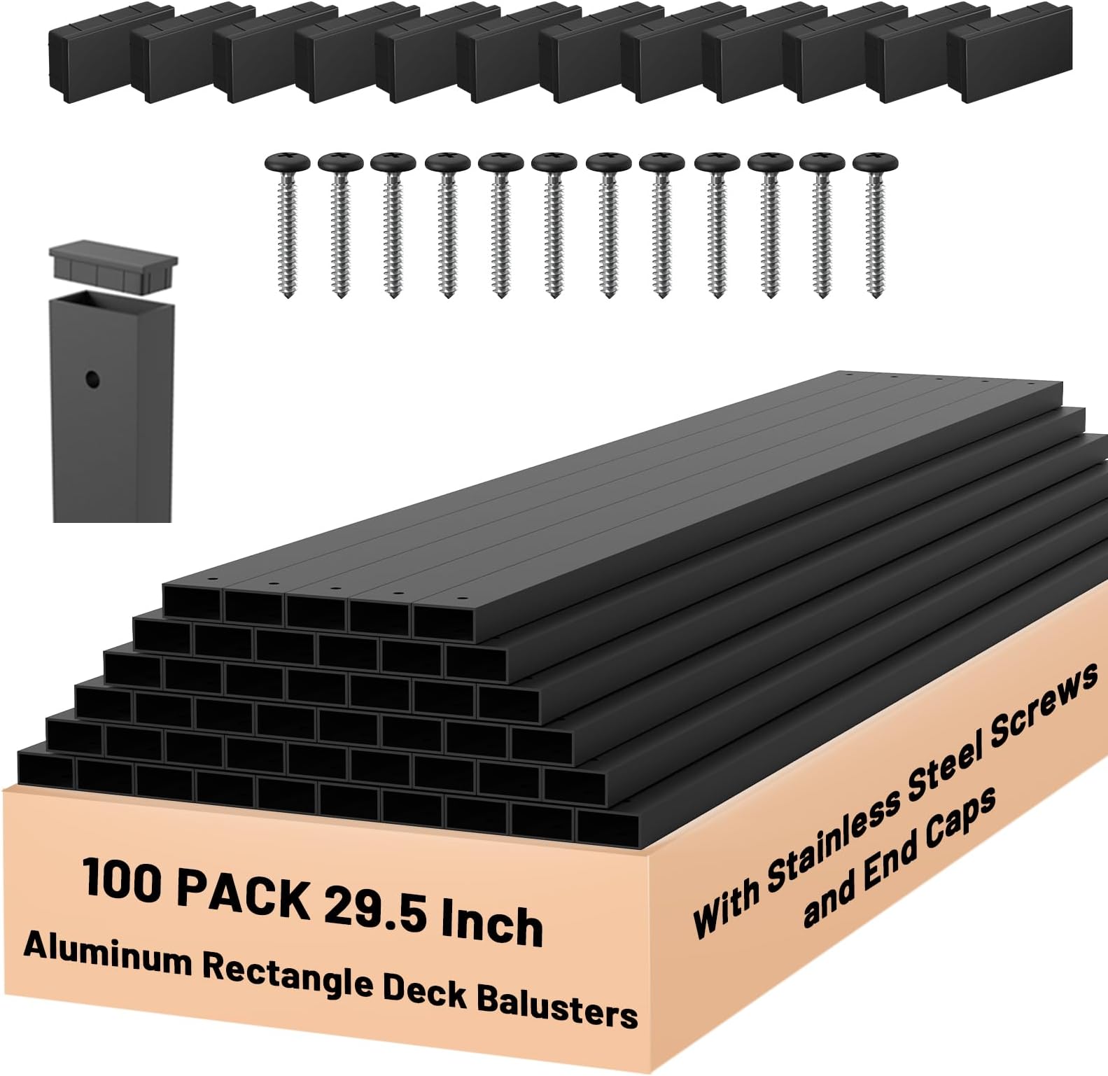 ZONEGRACE 100 Pack 29.5 in Black Aluminum Railing Balusters Rectangular with End Caps & Stainless Screws, Deck Spindles/Pickets for Porch Stair Balcony Replacement