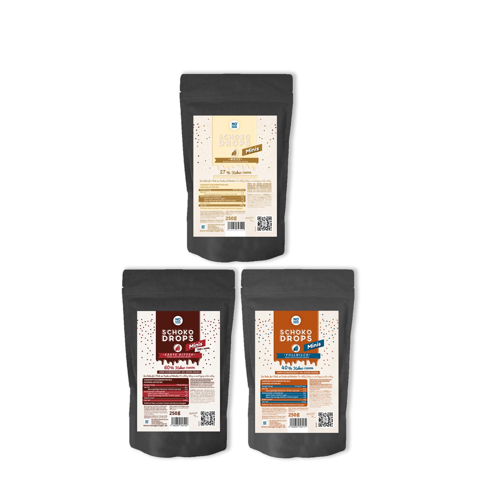 NO SUGAR SUGAR Probierset Schokodrops Minis Weiß, Vollmilch und Zartbitter ohne Zuckerzusatz, gesüßt mit Erythrit und Stevia (3x 250g)