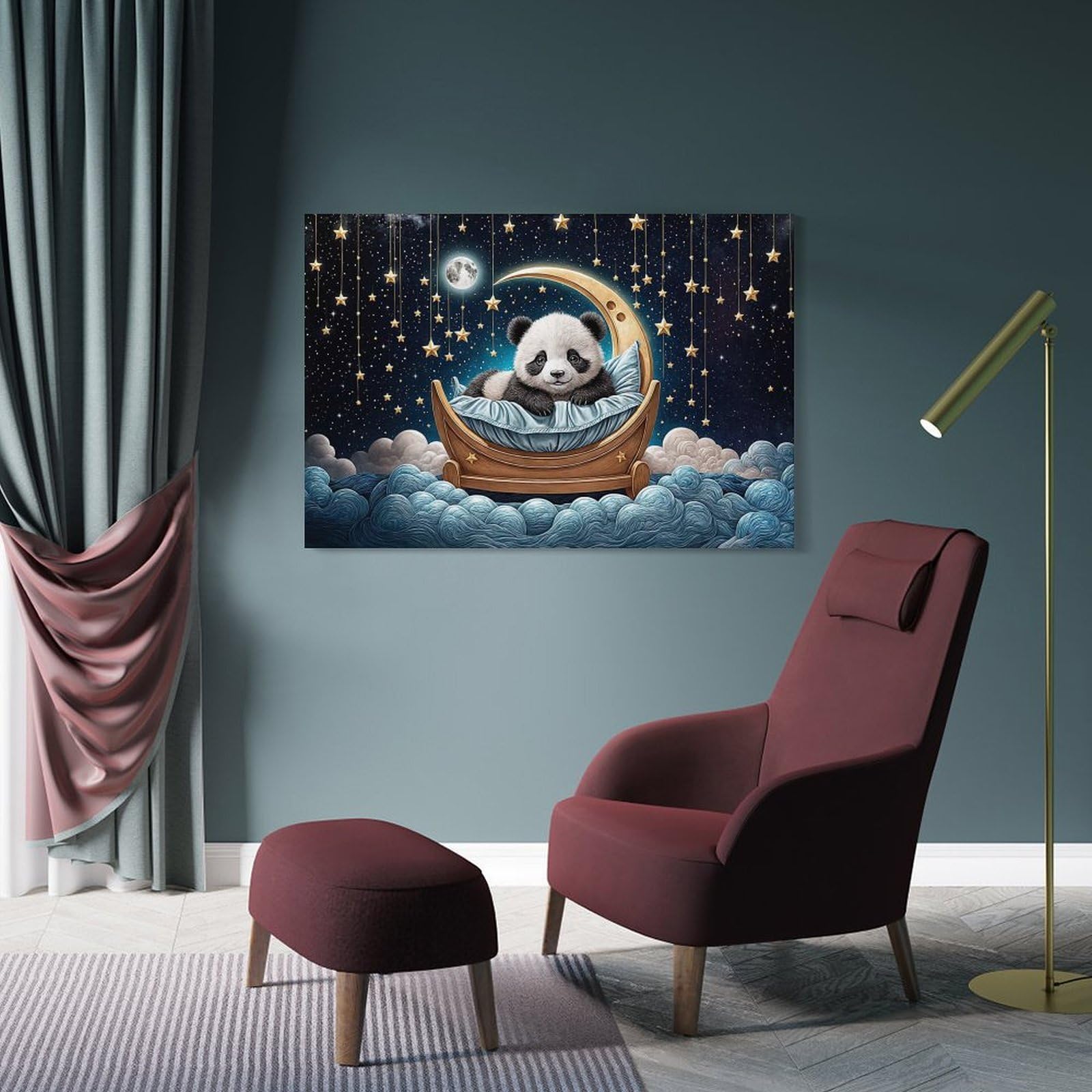 Junmoney Panda Sleeping on Crescent Moon Canvas Wall Decor, 12x18inch(30x45cm), for Home Lounge, Bedroom Or Reading Nook, Modern Wall Decor for Cosy Interiors