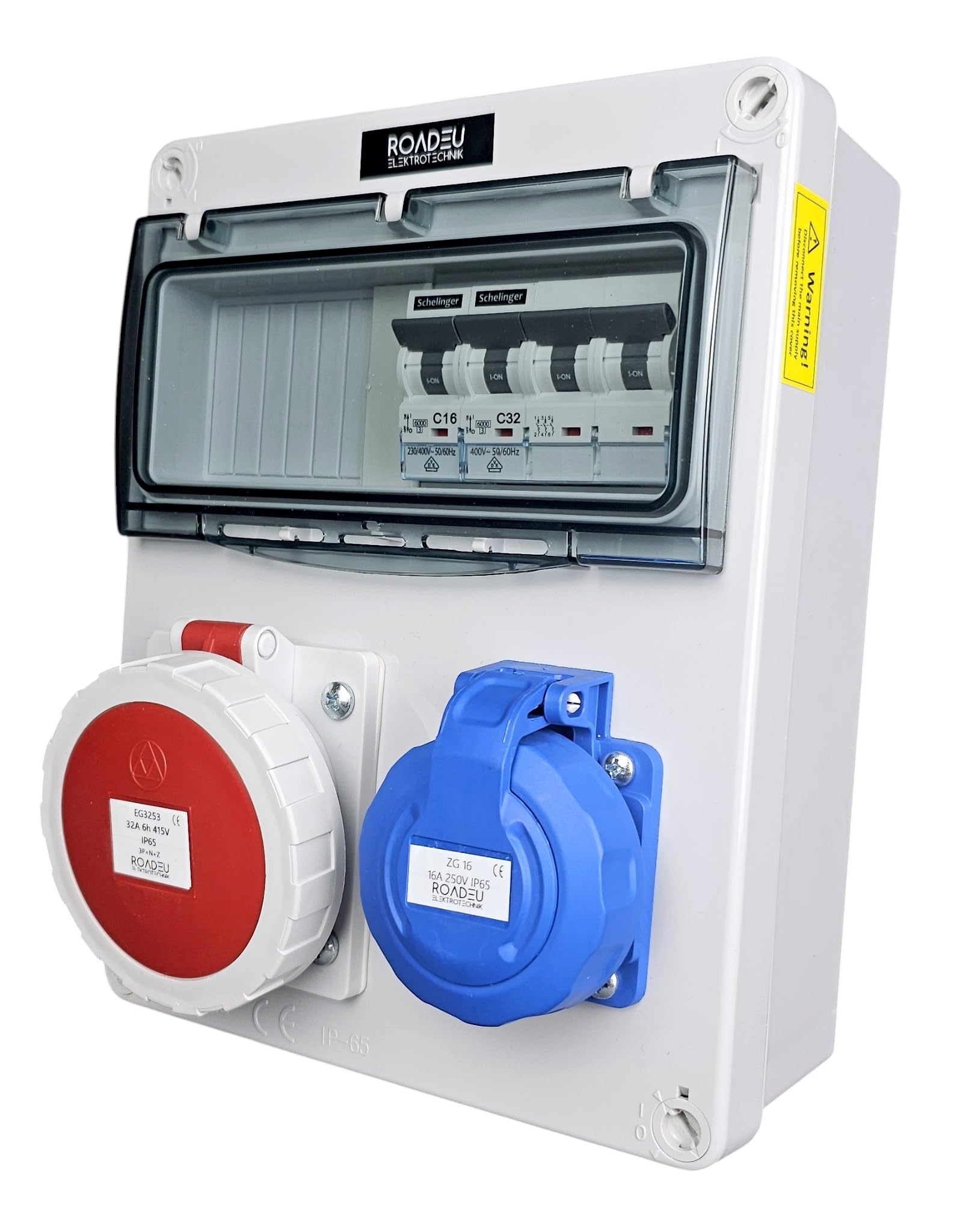RoadEu Cuadro eléctrico IP65 CEE 32A 5P 400V y toma Schuko 230V | Magnetotérmicos VDE | C32A 3P + C16A 1P | cableado 6 mm² y 2,5 mm² | tapas roscadas