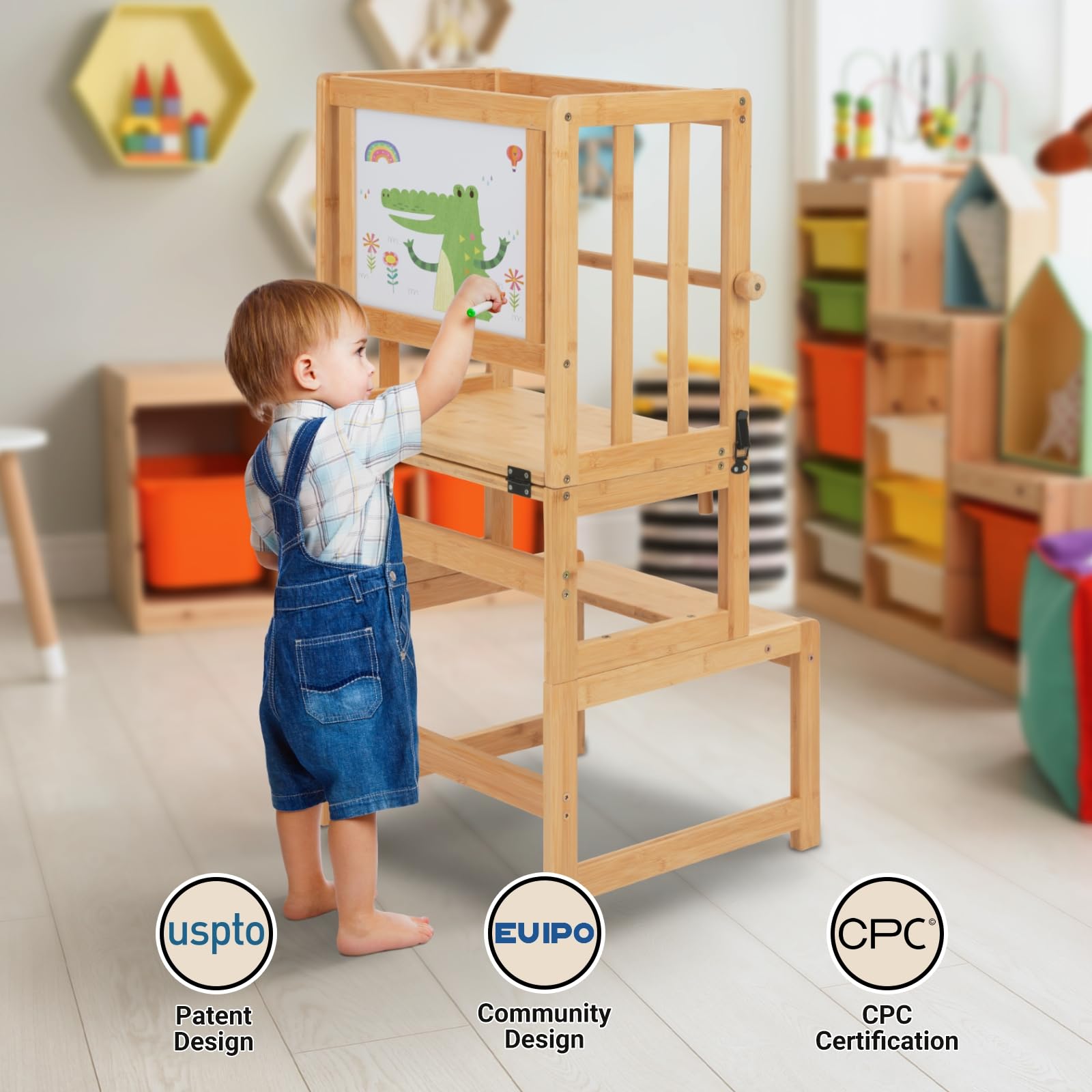 COSYLAND Montessori Lernturm ab 1 Jahr klappbar | 3 in 1 Learning Tower & Lernstuhl Kinder ab 1 Jahr | Klappbarer Montessori Lernturm mit Tafel für Küche, Tisch & Bad, Toddler Tower