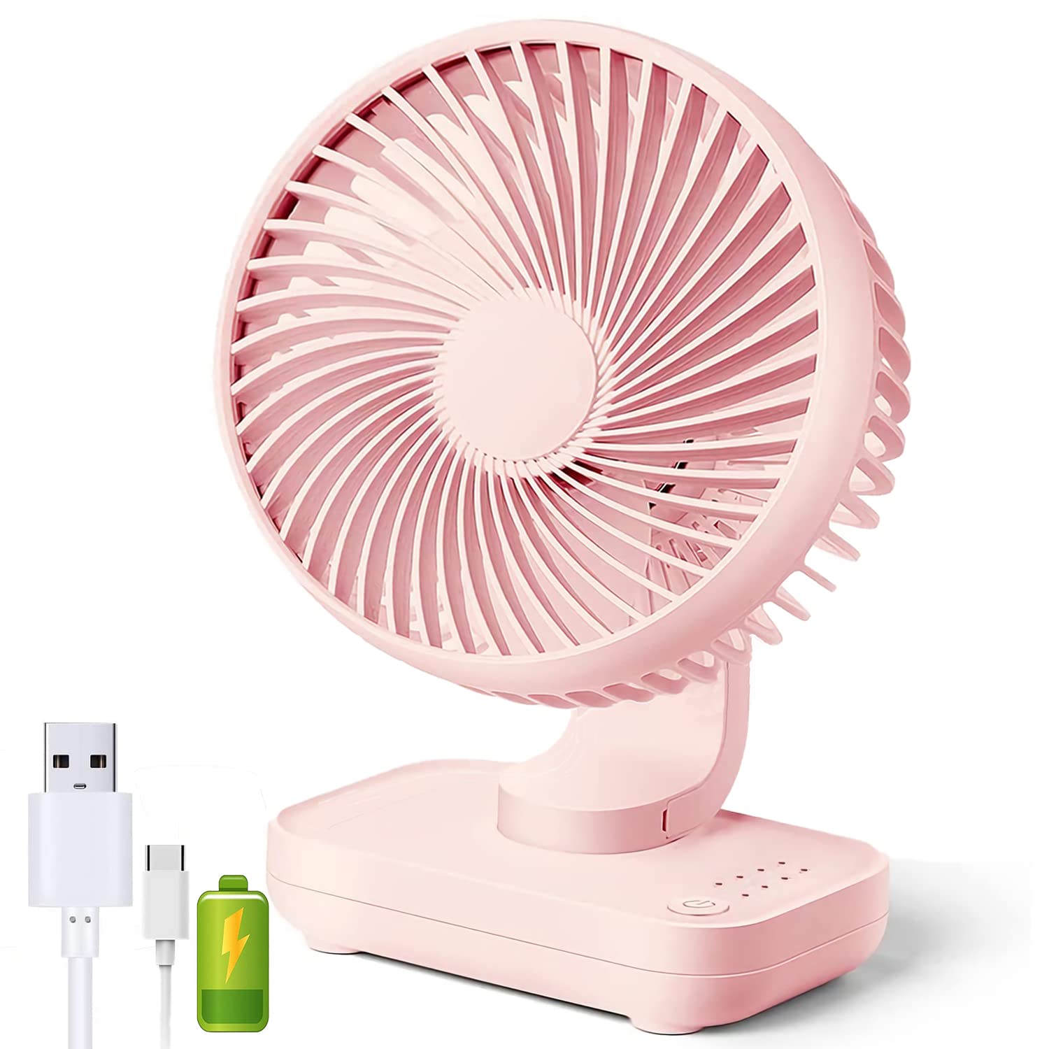 Panlom USB Desk Fan 5.4" Inch 4 Speeds Cooling Quiet Operation 90° Variable Tilt Wireless Small Rechargeable Table Fan Perfect for Bedroom Office (Pink)