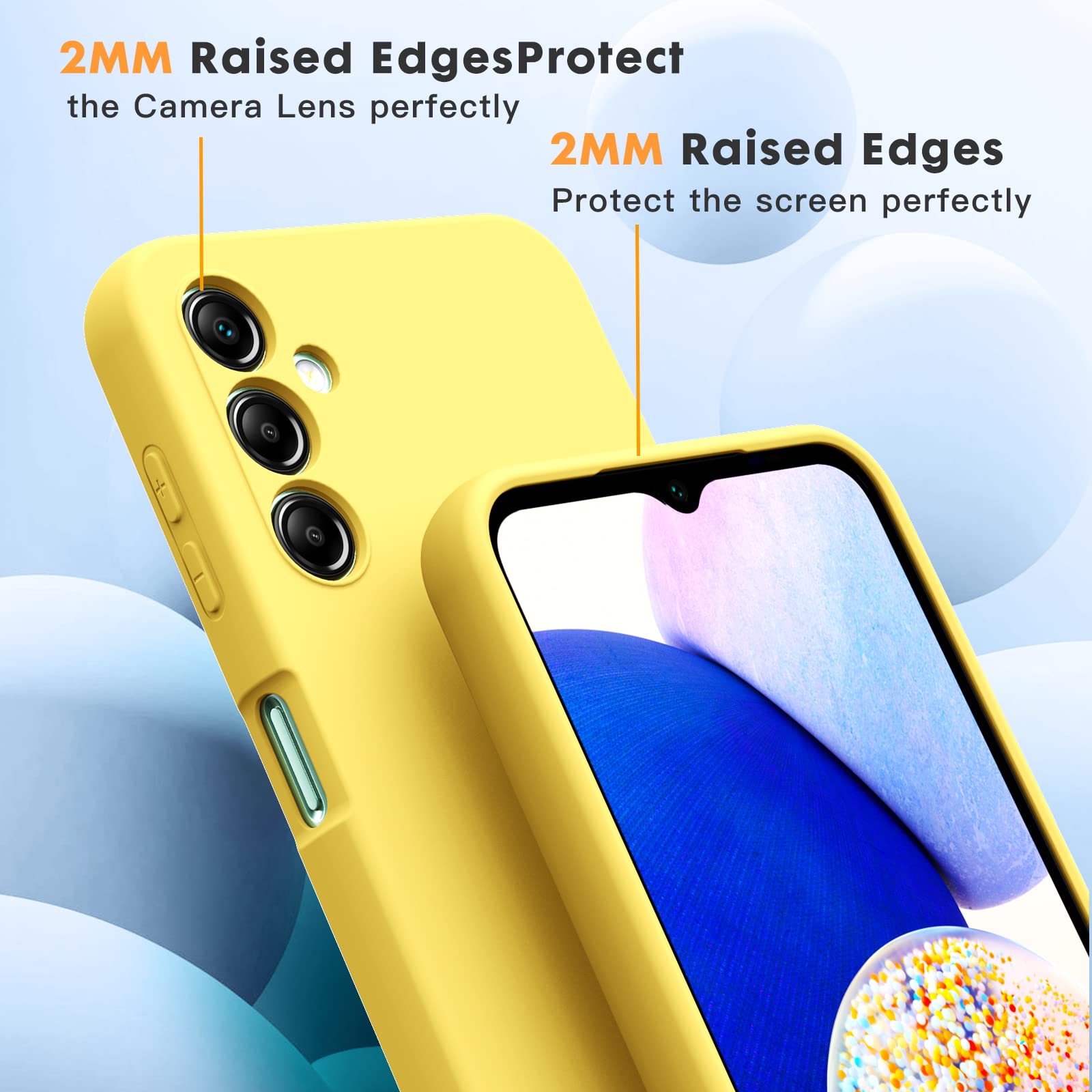 Vansdon Cover Compatibile con Samsung Galaxy A14 4G/5G, 2 Pellicola Protettiva in Vetro Temperato, Gomma Gel di Silicone Liquida Antiurto Custodia - Giallo