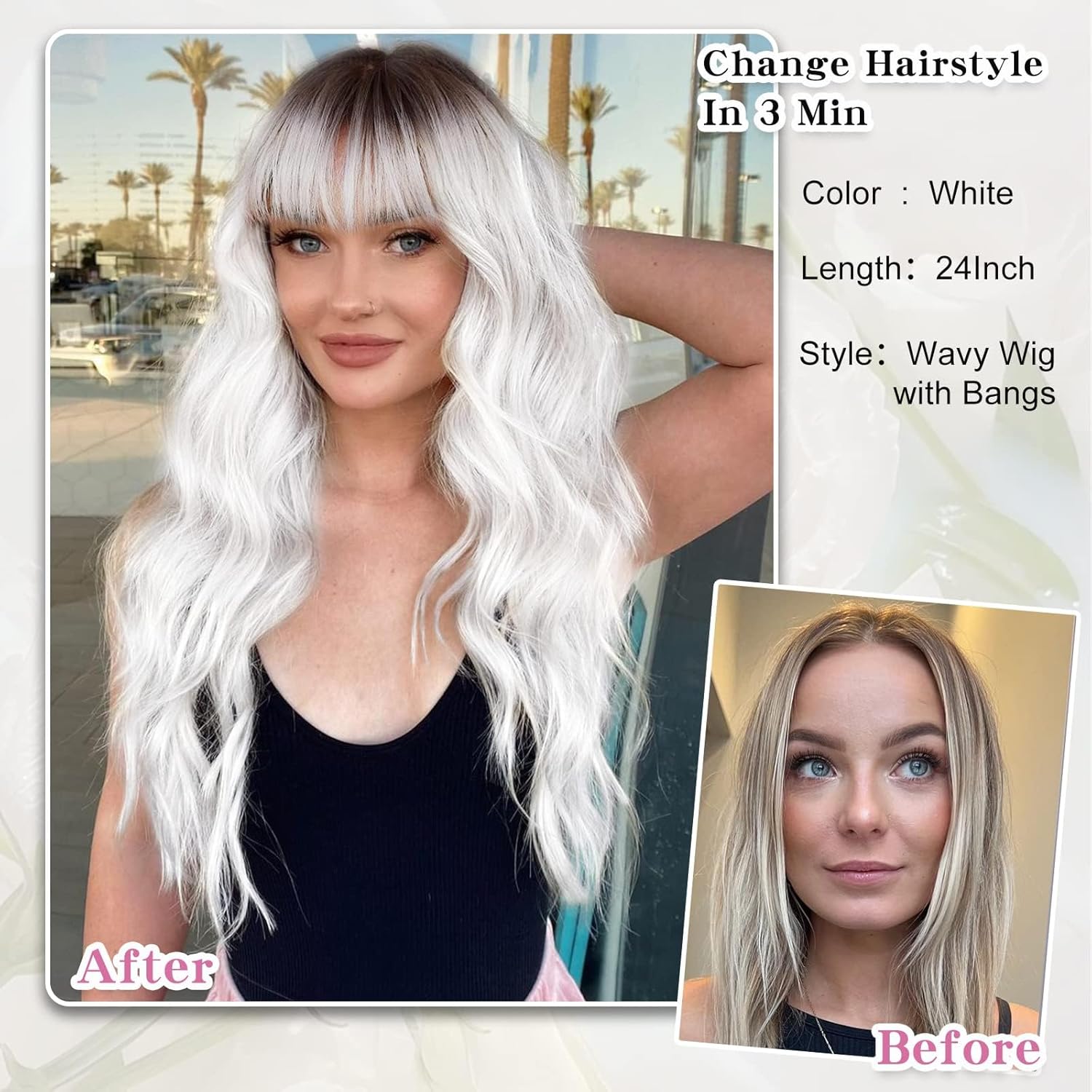 White Wig With Bangs Long Wavy Curly Ombre Wig with Dark Root Synthetic Heat Resistant Wigs for Women Daily Party Use 26 Inches (White, 26 inch)