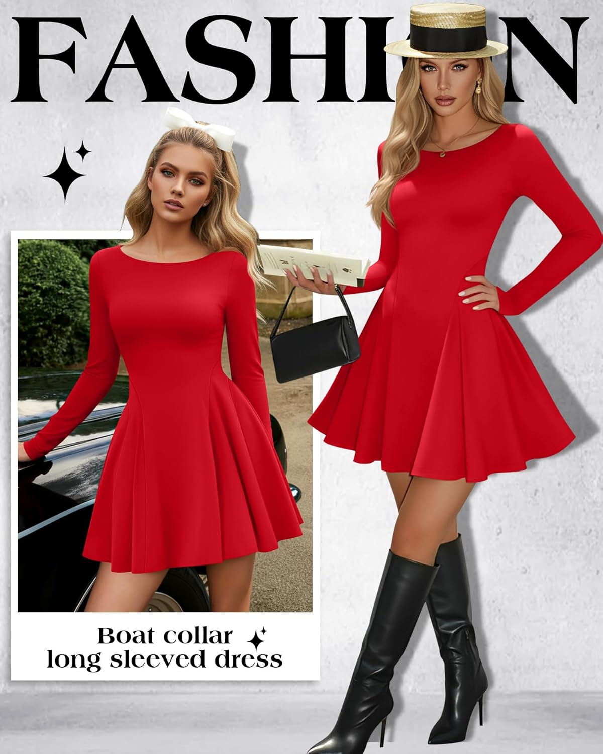 Women's Long Sleeve Mini Dress Boat Neck Pleated A Line High Waist Corset Short Party Club Dress for Night Out - Image 3