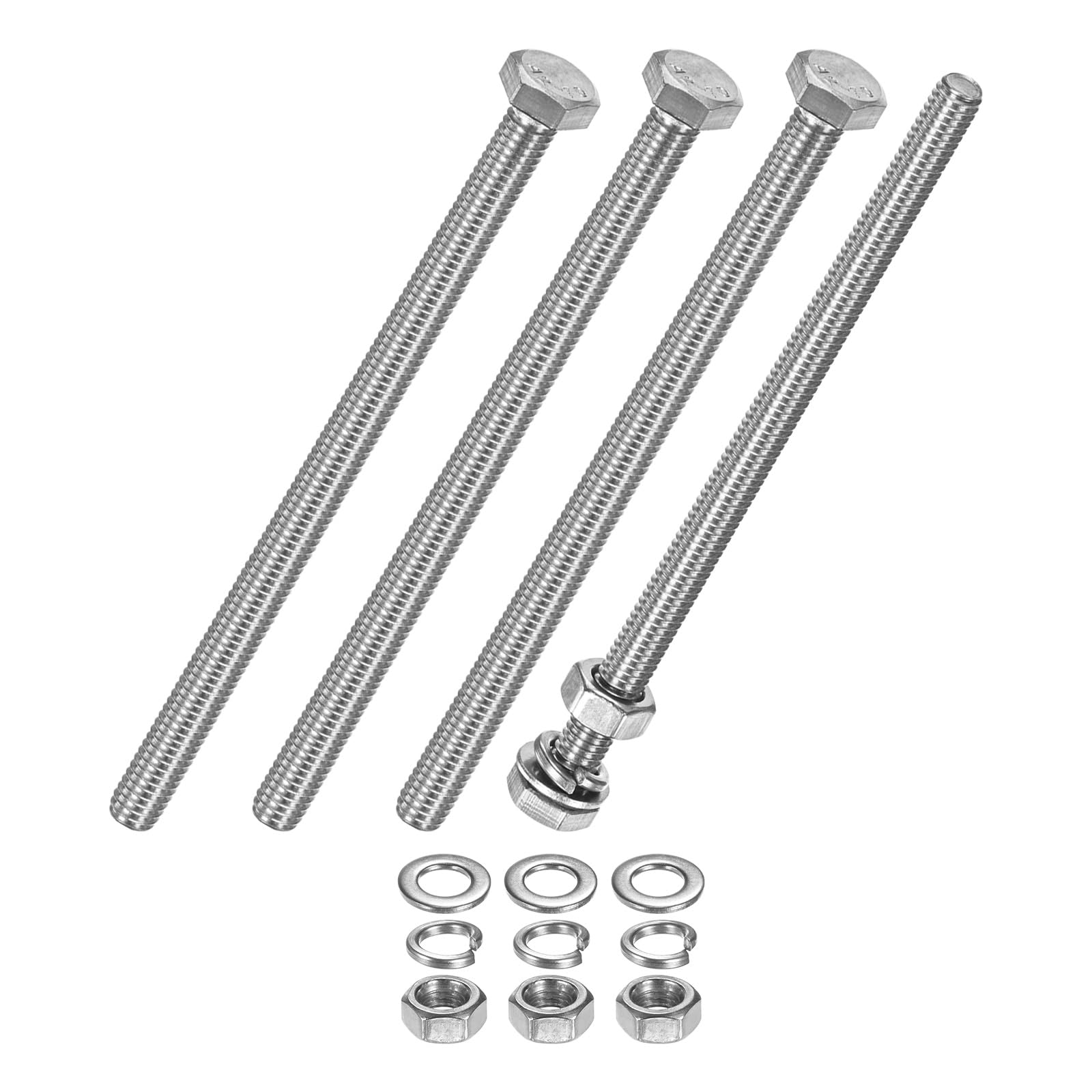 M METERXITY 4-Pack Hex Head Screw Bolt with Nuts Flat & Lock Washers M6x100mm Stainless Steel Bolts and Nuts Kit Fully Threaded Metric Bolt Assortment for Equipment/Machinery