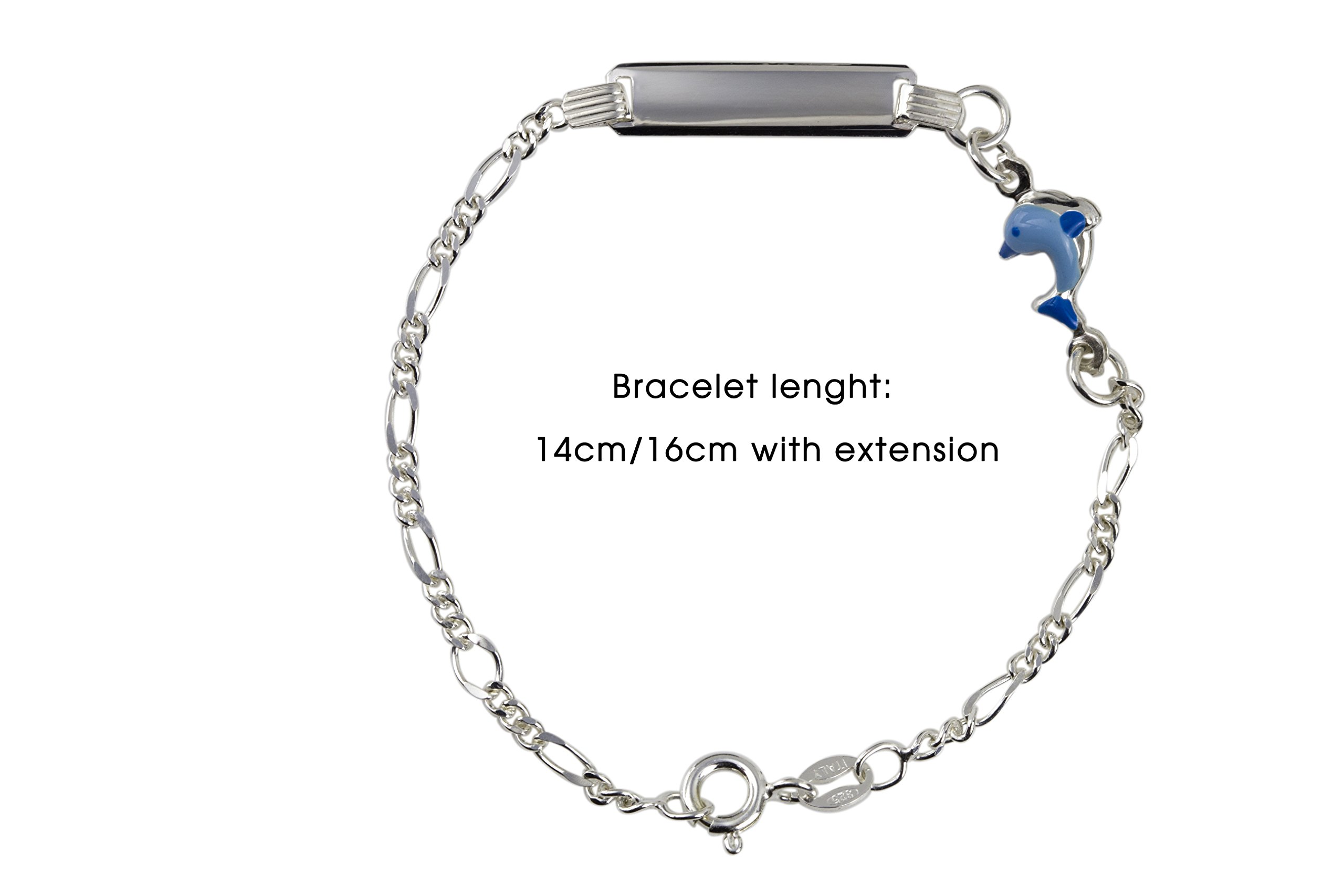 Aka Gioielli® - Bracciale Targhetta Identificativa Bambino Argento 925 con Delfino Azzurro Smaltato, Idea Regalo