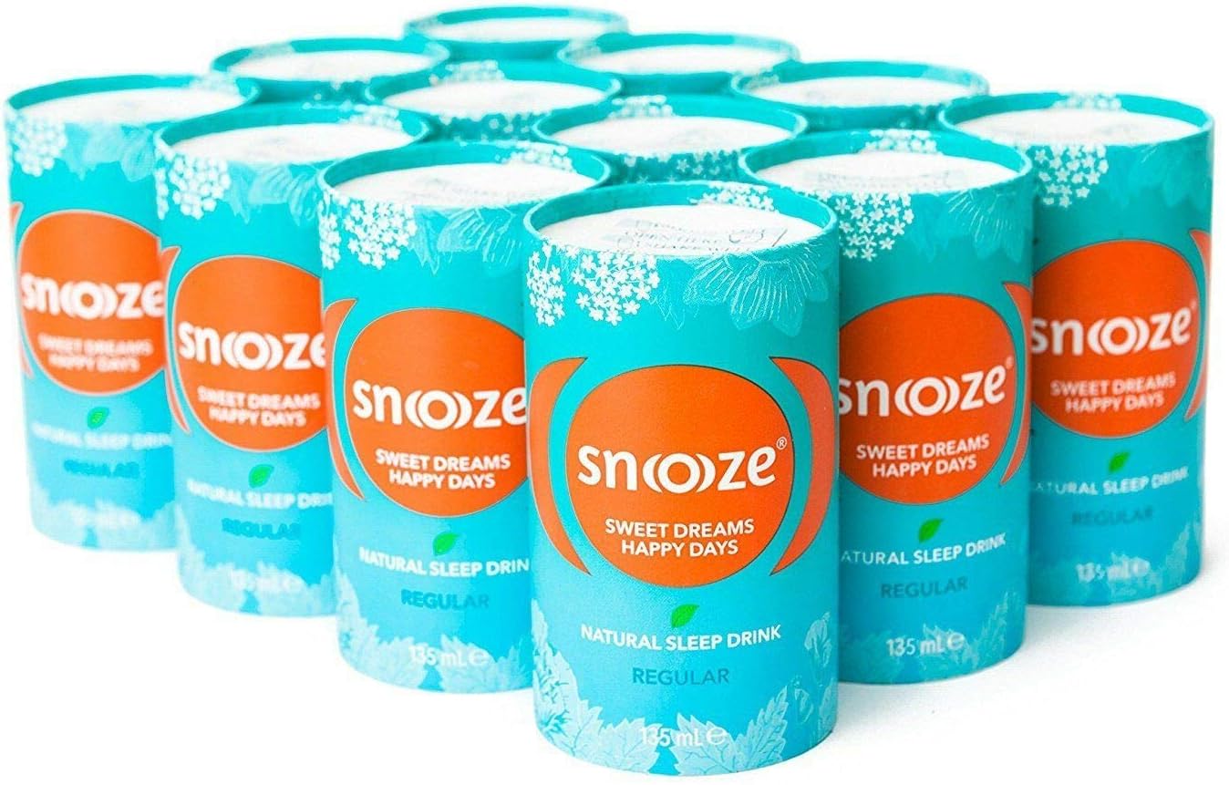 Snoooze Sleep Aid Drink, Night Time Liquid Sleeping Supplement (Regular) All Natural, Vegan, Herbal Alternative to Melatonin, Tea, Pills - Contains Valerian, Lemon Balm (12-pack 4.6oz cans)
