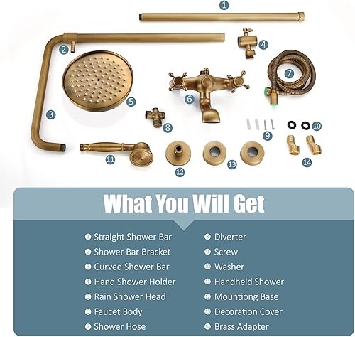 Miniatura 9 de Aolemi Juego de grifo de ducha expuesto de latón antiguo de 8 pulgadas, cabezal de lluvia de mano, boquilla de ducha de triple función, montaje en